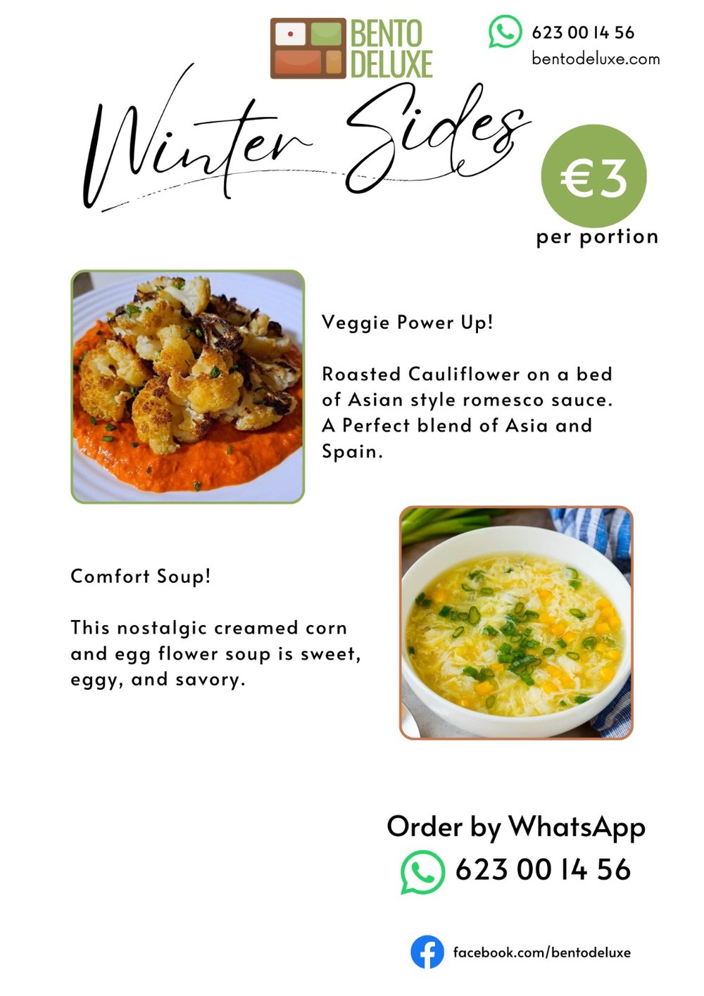 The Bento Deluxe sides card for 16 January 2025, listing Roasted Cauliflower with Asian Romesco Sauce and Creamed Corn and Egg Flower Soup