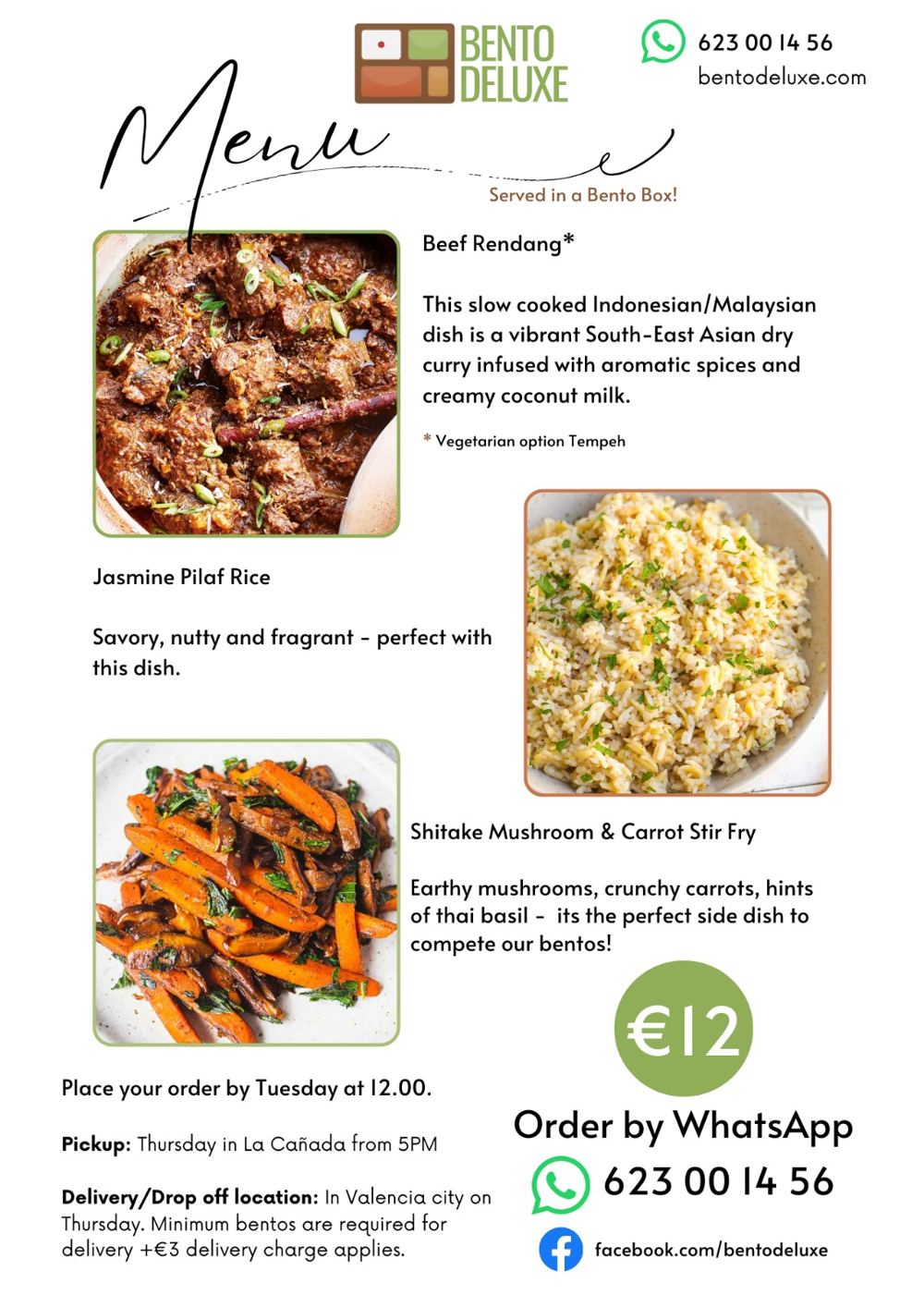 The Bento Deluxe menu card for 16 January 2025, listing Beef Rendang, Jasmine Pilaf Rice and Shiitake Mushroom & Carrot Stir Fry
