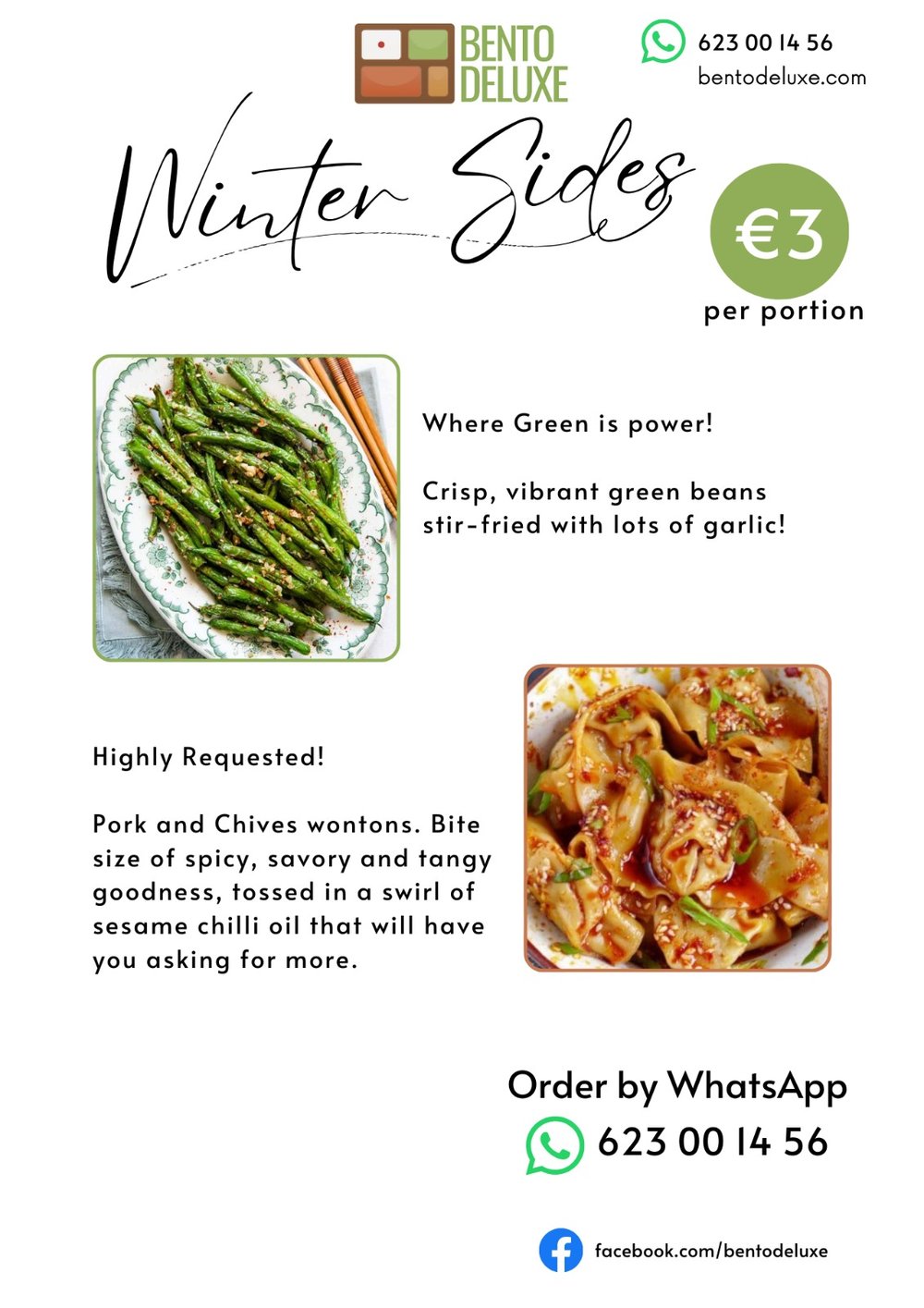 The Bento Deluxe sides card for 23 January 2025, listing Garlic Green Beans and Pork and Chives Wontons