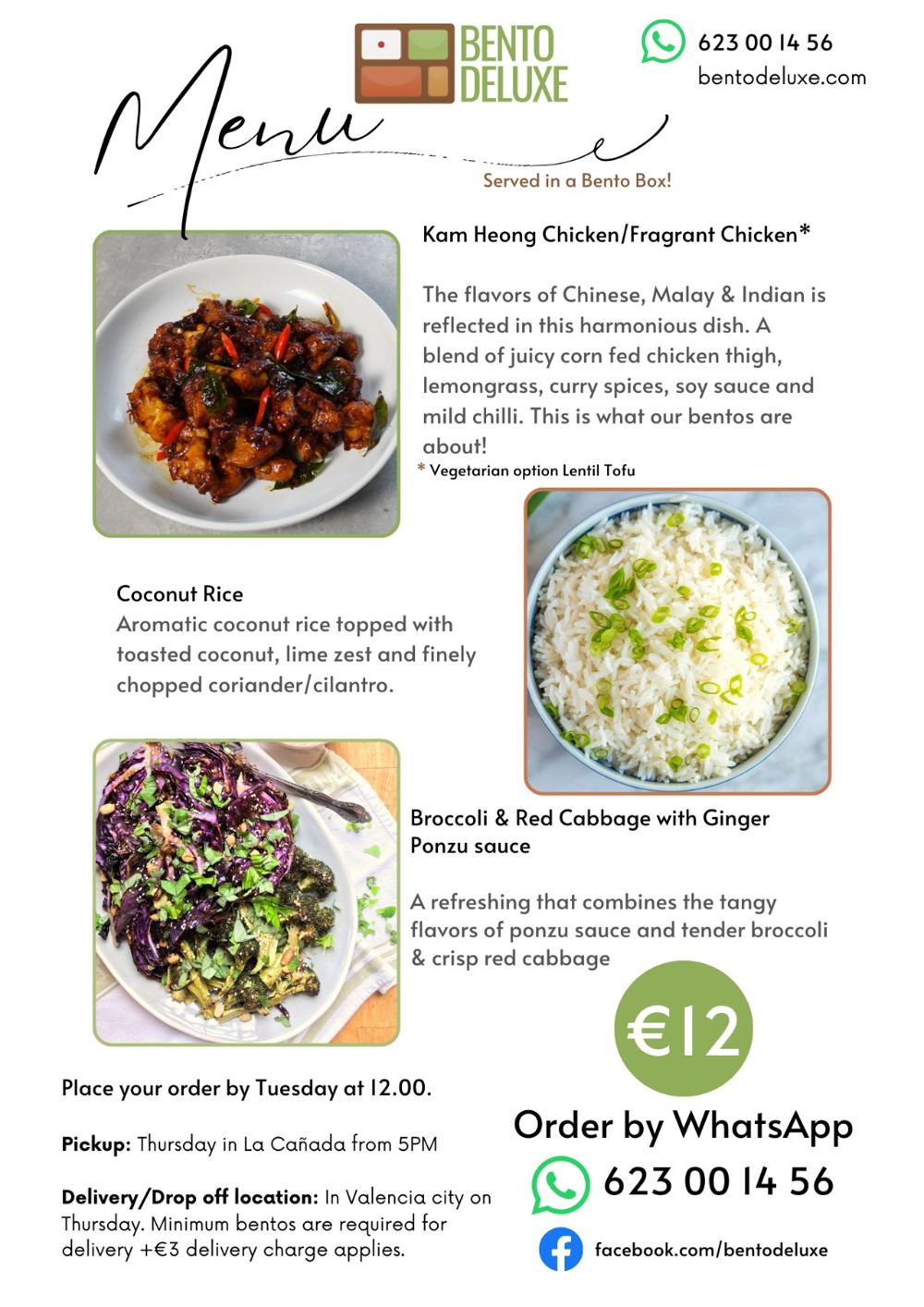 The Bento Deluxe menu card for 23 January 2025, listing Kam Heong Chicken (Fragrant Chicken), Coconut Rice and Broccoli & Red Cabbage with Ginger Ponzu