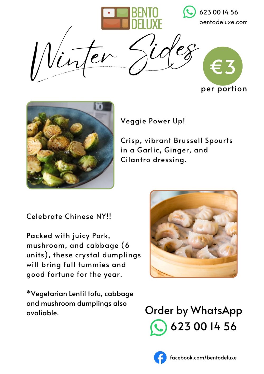 The Bento Deluxe sides card for 30 January 2025, listing Brussels Sprouts in Garlic, Ginger and Cilantro Dressing and Pork, Mushroom and Cabbage Crystal Dumplings