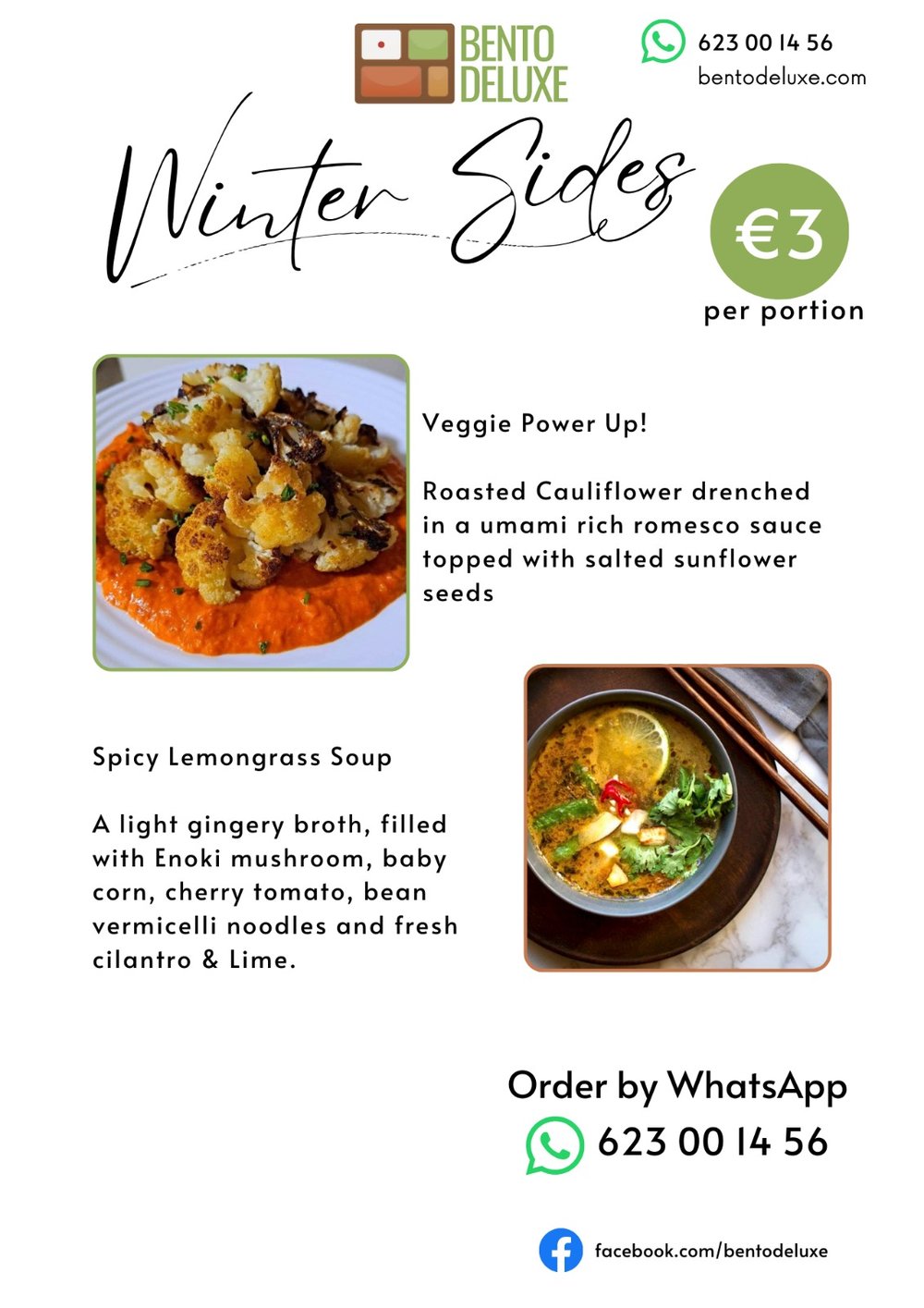 The Bento Deluxe sides card for 6 February 2025, listing Roasted Cauliflower with Romesco Sauce and Spicy Lemongrass Soup