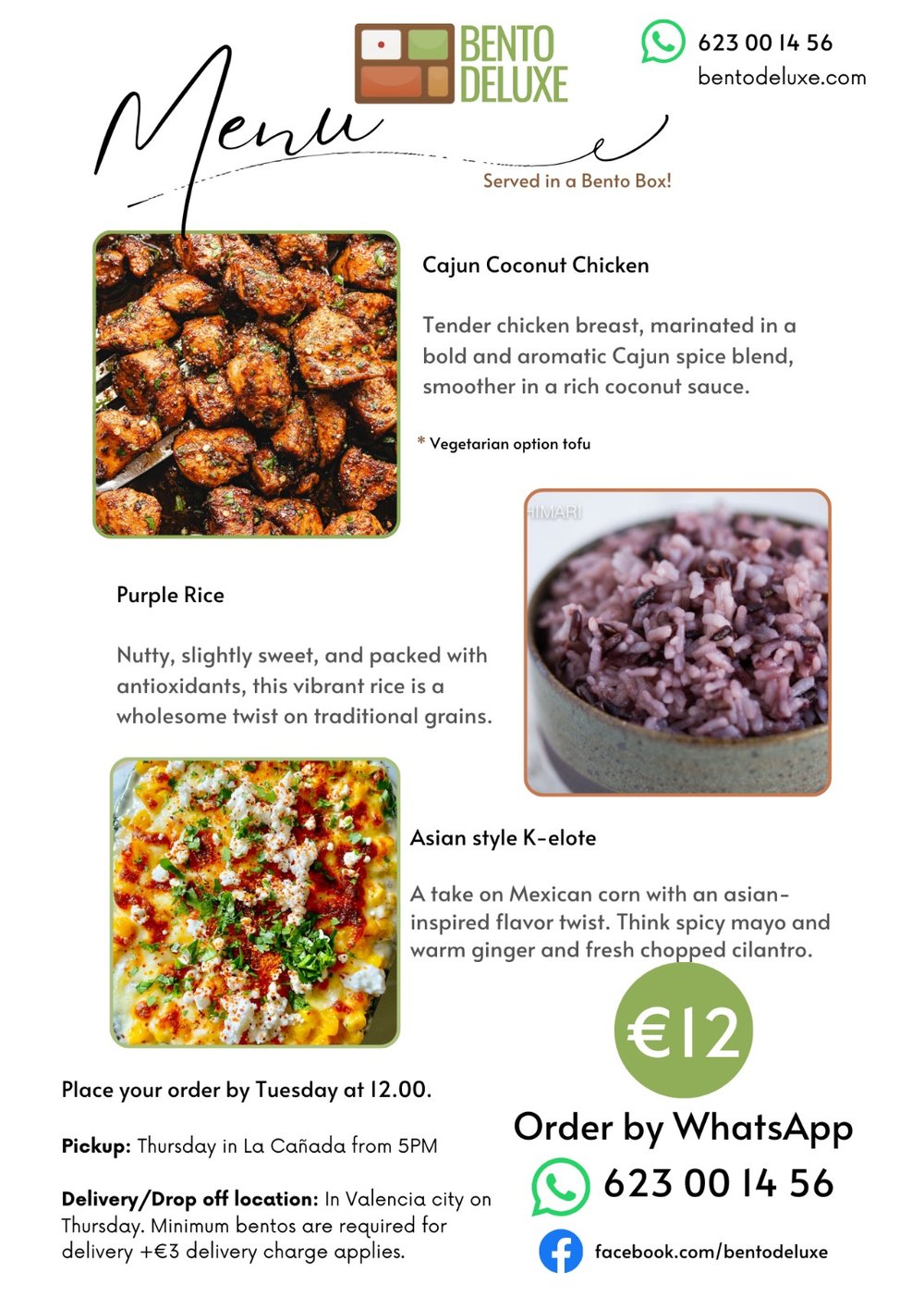 The Bento Deluxe menu card for 6 February 2025, listing Cajun Coconut Chicken, Purple Rice and Korean-Style Corn Elote