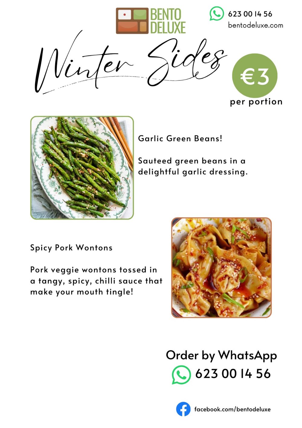 The Bento Deluxe sides card for 13 February 2025, listing Garlic Green Beans and Spicy Pork Wontons