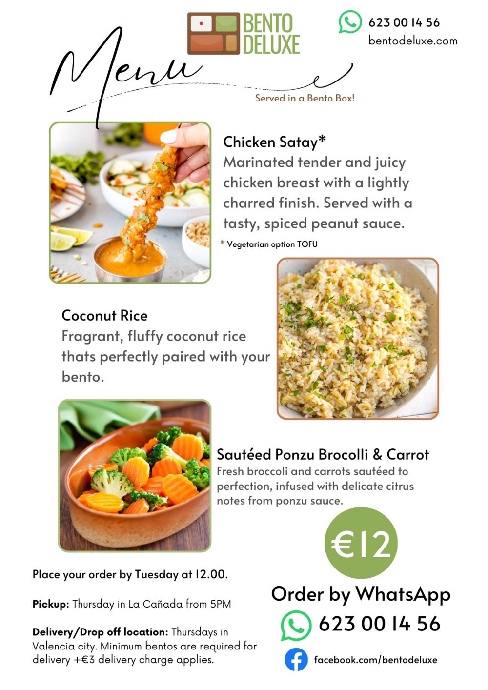 The Bento Deluxe menu card for 20 February 2025, listing Chicken Satay, Coconut Rice and Ponzu Broccoli & Carrots