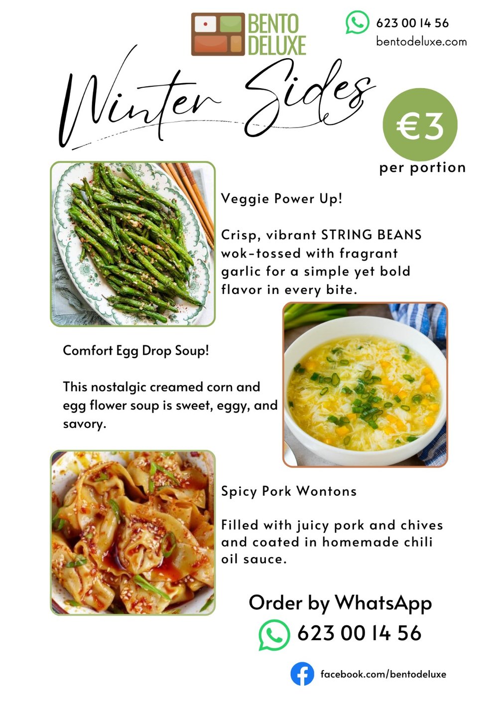 The Bento Deluxe sides card for 27 February 2025, listing More Side Veggies!, Corn & Egg Drop Soup and Spicy Pork Wontons