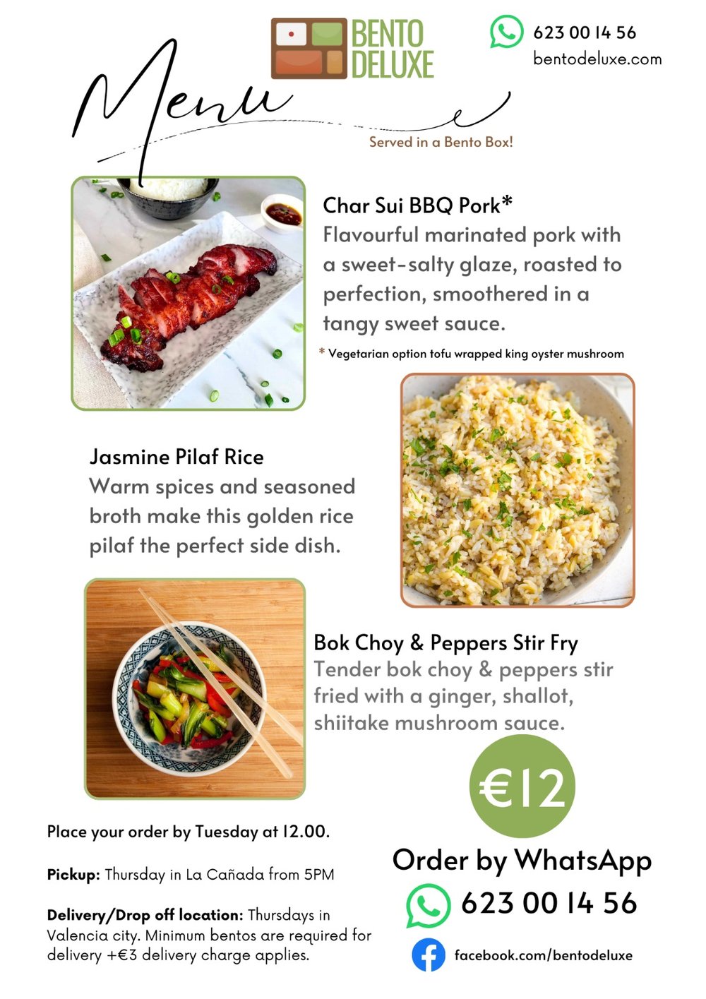 The Bento Deluxe menu card for 27 February 2025, listing Char Siu BBQ Pork, Jasmine Pilaf Rice and Bok Choy & Peppers Stir Fry
