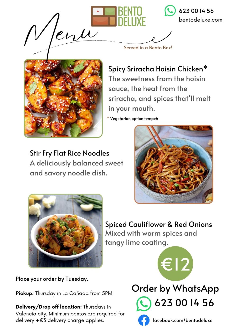 The Bento Deluxe menu card for 6 March 2025, listing Spicy Sriracha Hoisin Chicken, Stir-Fry Flat Rice Noodles and Spiced Cauliflower & Red Onions
