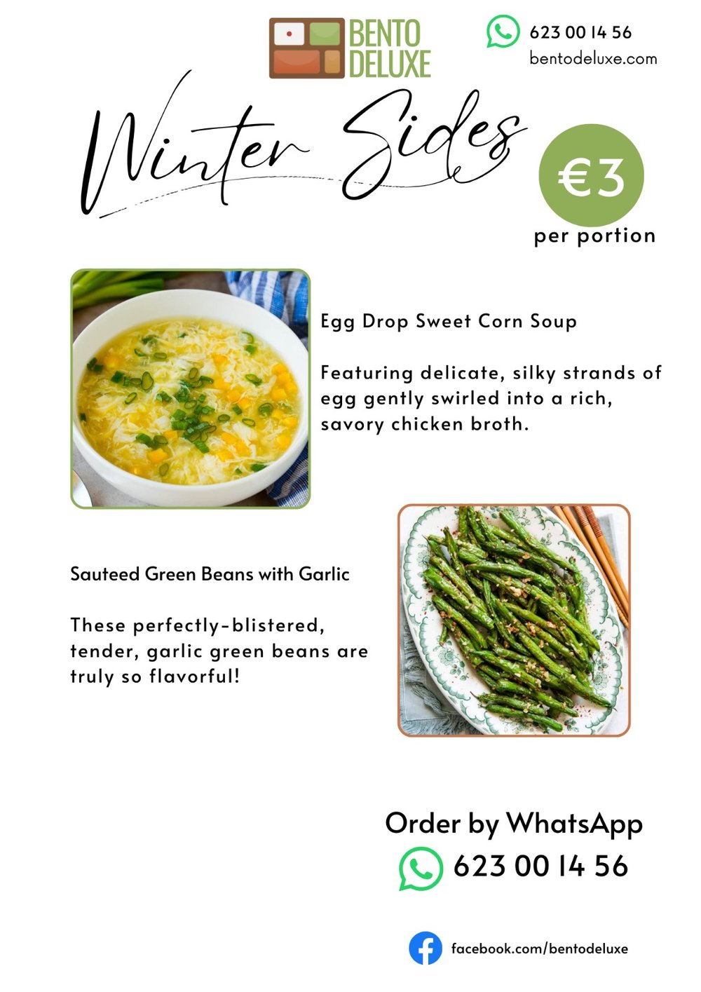 The Bento Deluxe sides card for 13 March 2025, listing More Side Veggies!, Sauteed Green Beans with Garlic and Egg Drop Sweet Corn Soup