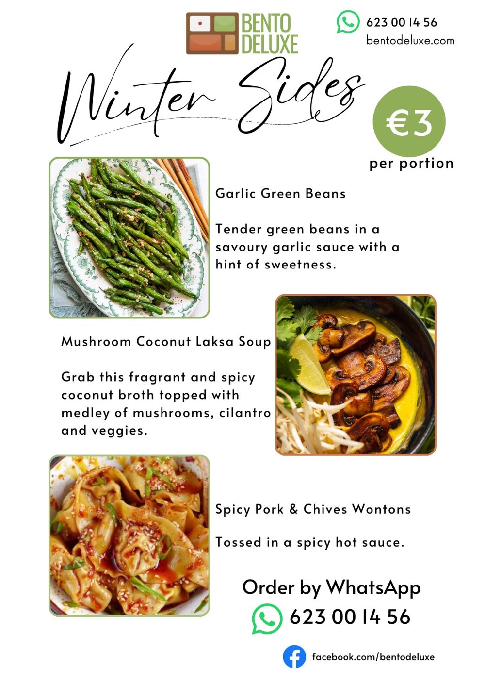 The Bento Deluxe sides card for 27 March 2025, listing Sautéed Garlic Green Beans and Spicy Pork Wontons