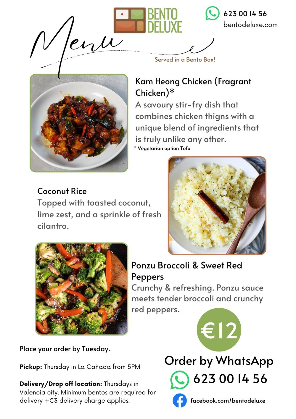 The Bento Deluxe menu card for 27 March 2025, listing Kam Heong Chicken (Fragrant Chicken), Coconut Rice and Ponzu Broccoli & Sweet Red Peppers