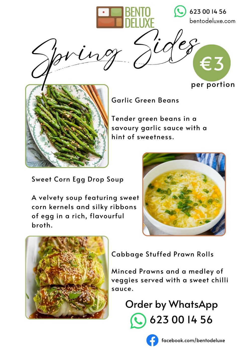 The Bento Deluxe sides card for 3 April 2025, listing Sautéed Garlic Green Beans, Sweet Corn Egg Drop Soup, Cabbage Stuffed Prawn and Veggie Rolls and Homemade Spicy Kimchi