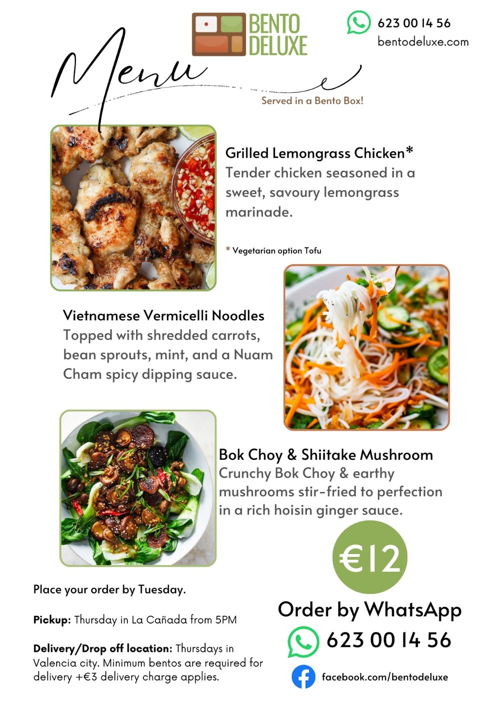 The Bento Deluxe menu card for 3 April 2025, listing Grilled Lemongrass Chicken, Bok Choy & Shiitake Mushroom and Vietnamese Vermicelli Noodles