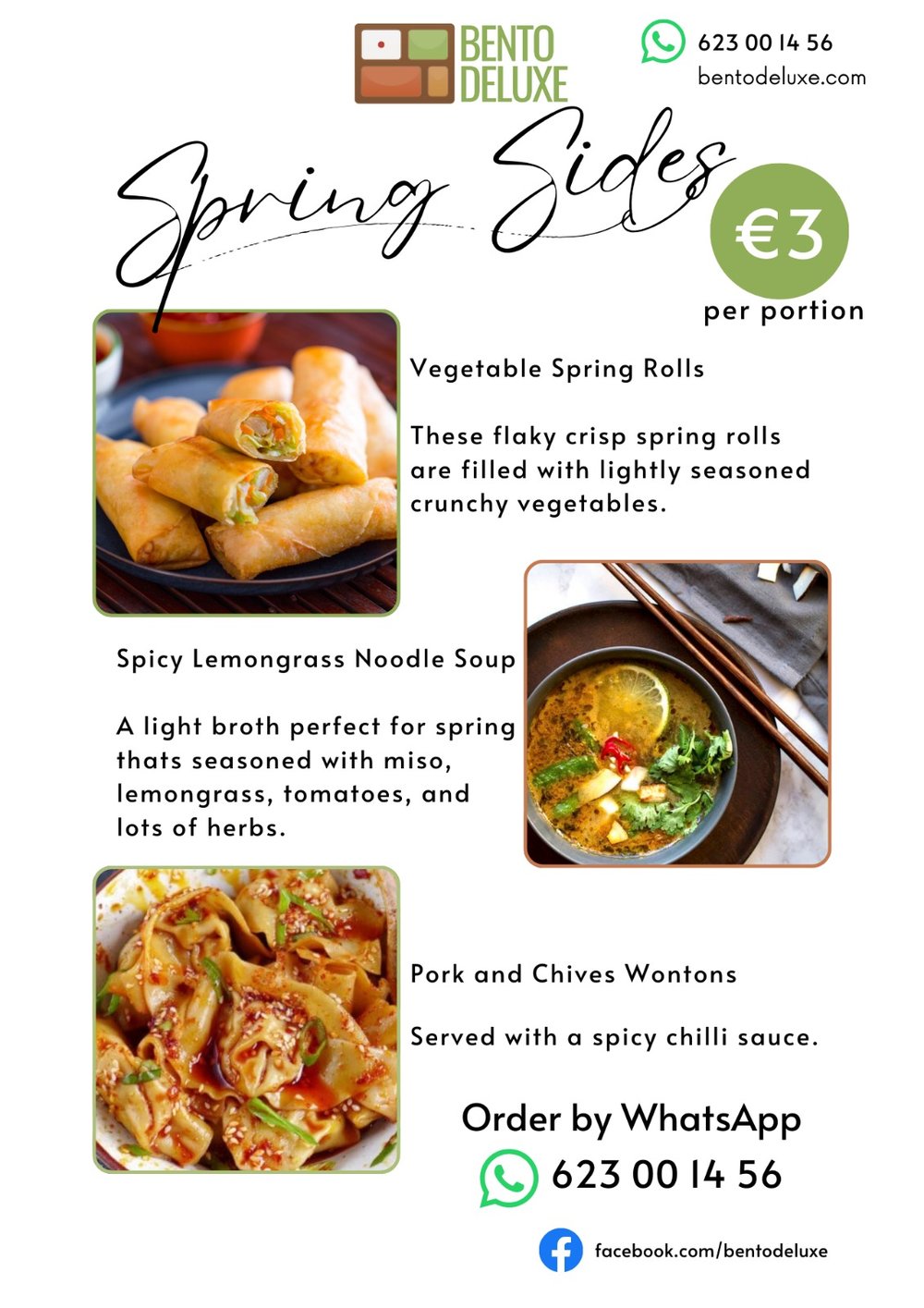 The Bento Deluxe sides card for 10 April 2025, listing Vegetable Spring Rolls, Spicy Lemongrass Noodle Soup, Pork and Chives Wontons and Homemade Spicy Kimchi