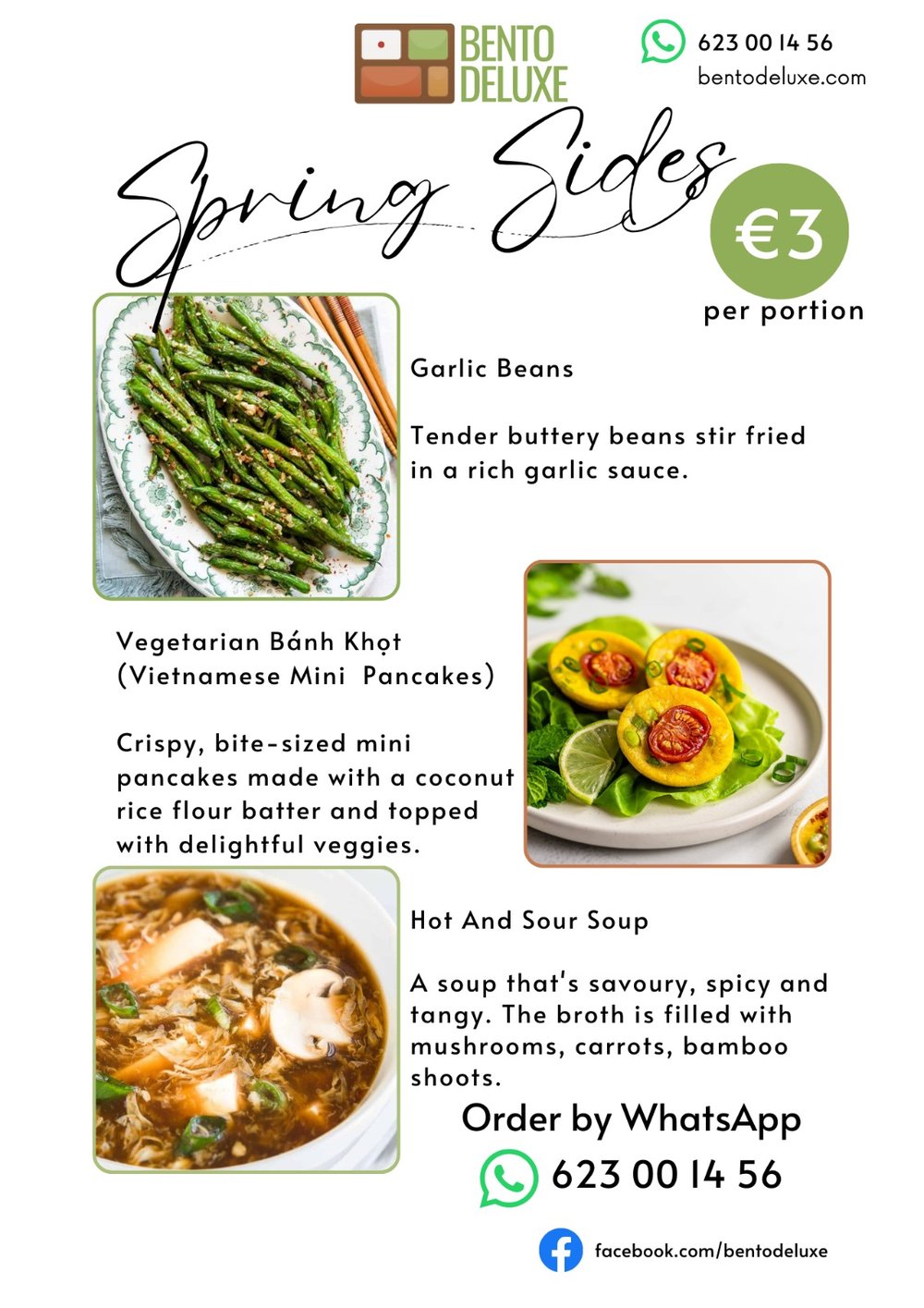 The Bento Deluxe sides card for 17 April 2025, listing Garlic Beans and Veggie Vietnamese mini pancakes