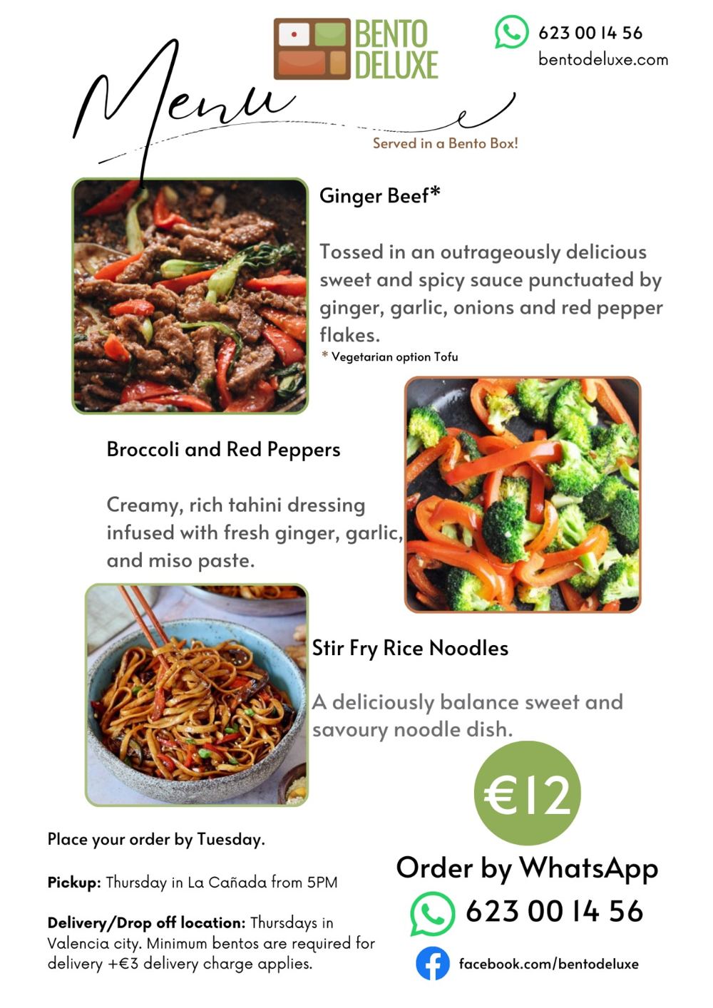 The Bento Deluxe menu card for 17 April 2025, listing Ginger Beef, Broccoli & Red Peppers and Stir-fry rice Noodles