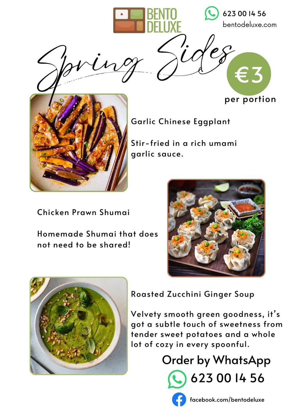 The Bento Deluxe sides card for 24 April 2025, listing Garlic Eggplant, Zucchini Ginger Soup, Chicken Prawn Shumai and Homemade Spicy Kimchi