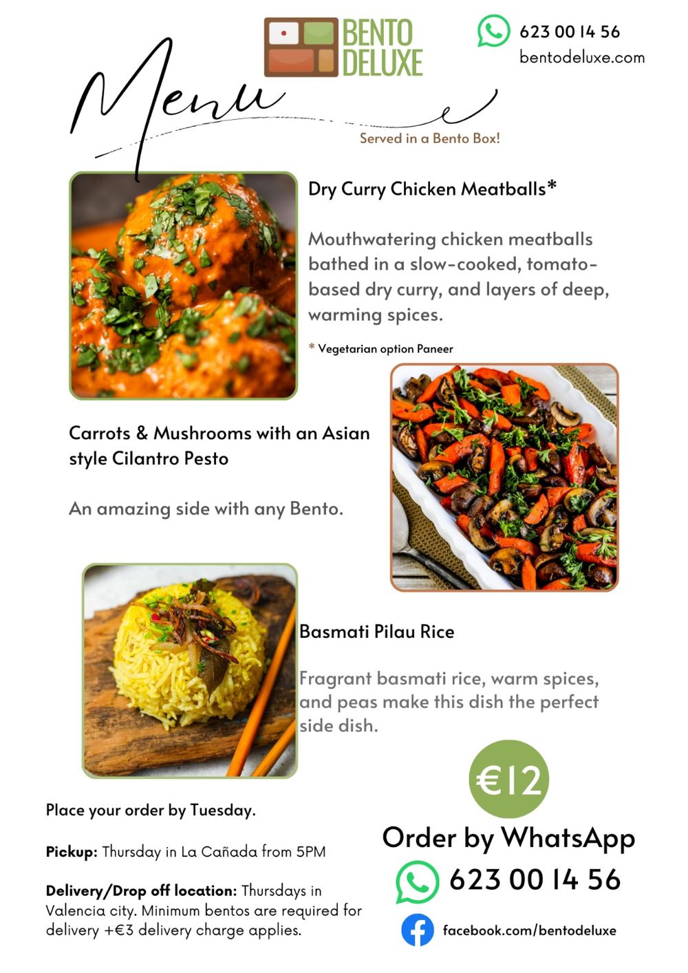 The Bento Deluxe menu card for 24 April 2025, listing Dry Curry Chicken Meatballs, Carrots and Mushrooms and Basmati Pilau Rice