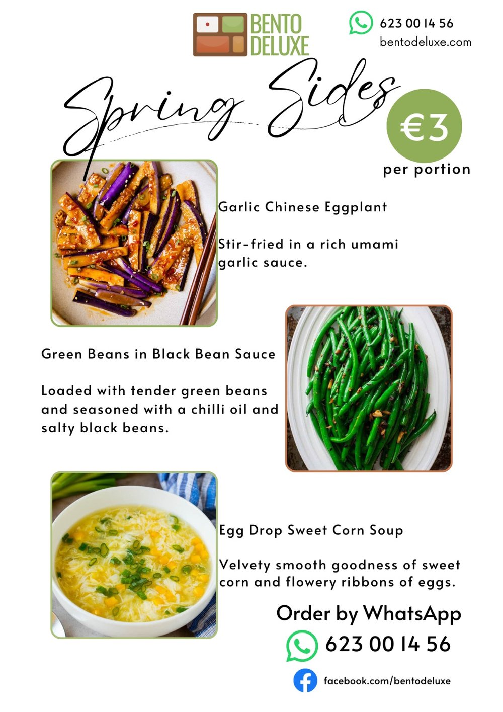 The Bento Deluxe sides card for 1 May 2025, listing Garlic Chinese Eggplant and Green Beans in Black Bean Sauce