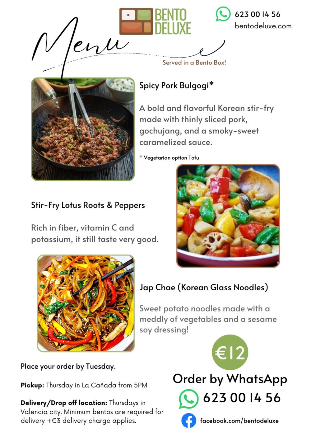 The Bento Deluxe menu card for 1 May 2025, listing Spicy Pork Bulgogi, Lotus Root & Pepper Stir-Fry and Jap Chae
