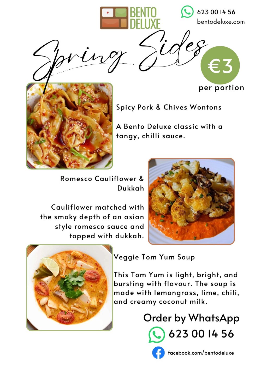 The Bento Deluxe sides card for 8 May 2025, listing Spicy Pork and Chives Wontons, Veggie Tom Yum Soup, Romesco Cauliflower and Homemade Spicy Kimchi