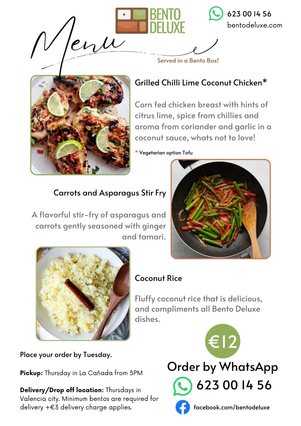 The Bento Deluxe menu card for 8 May 2025, listing Grilled Chilli Lime Coconut Chicken, Carrot and Asparagus Stir Fry and Fluffy Coconut Rice