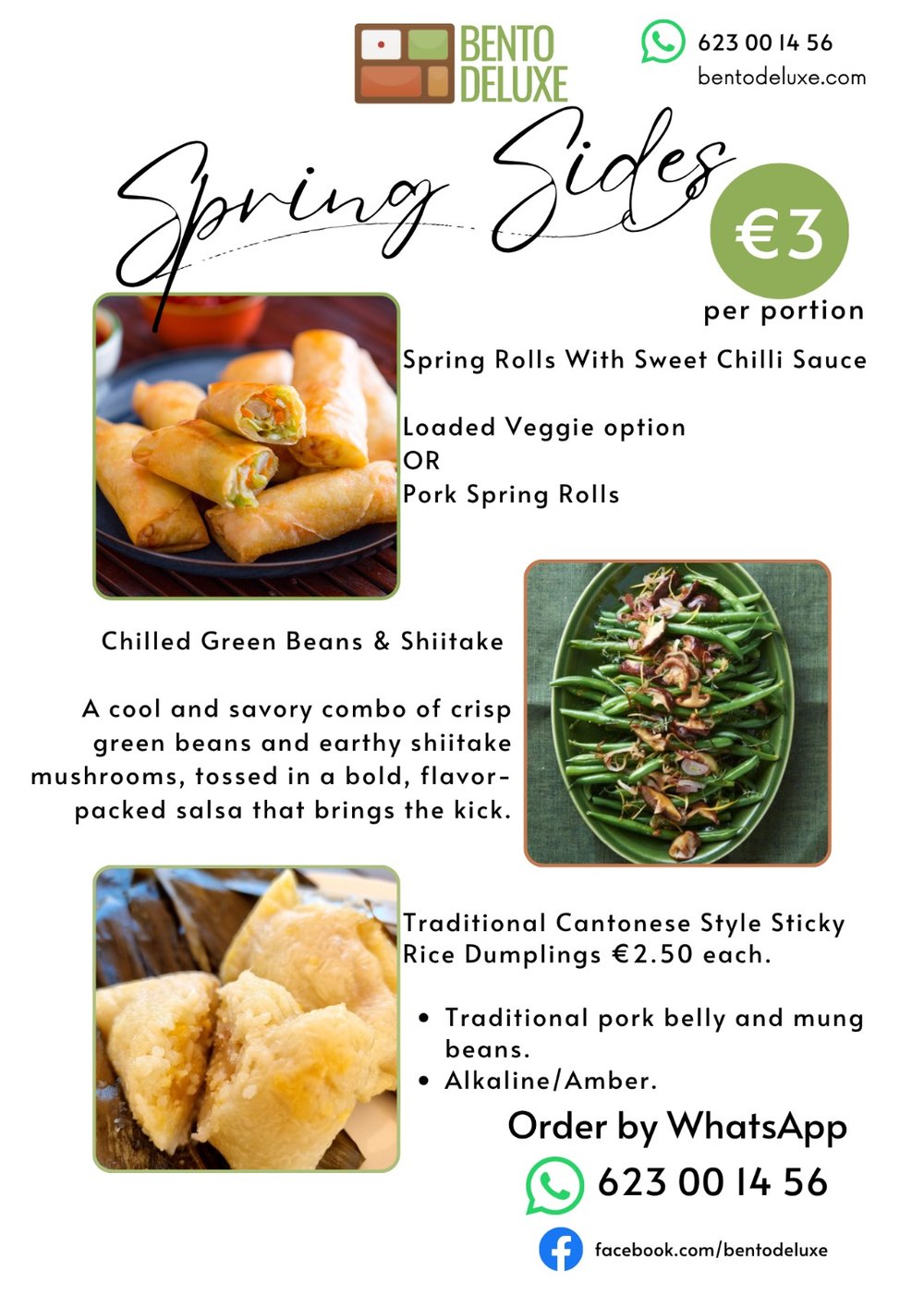 The Bento Deluxe sides card for 5 June 2025, listing Spring Rolls with Sweet Chilli Sauce, Chilled Green Beans and Shiitake and Cantonese Sticky Rice Dumplings