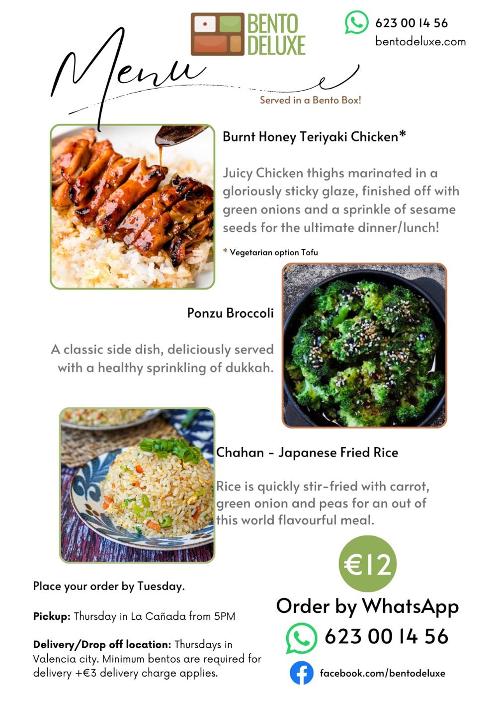 The Bento Deluxe menu card for 5 June 2025, listing Burnt Honey Teriyaki Chicken, Ponzu Broccoli and Chahan