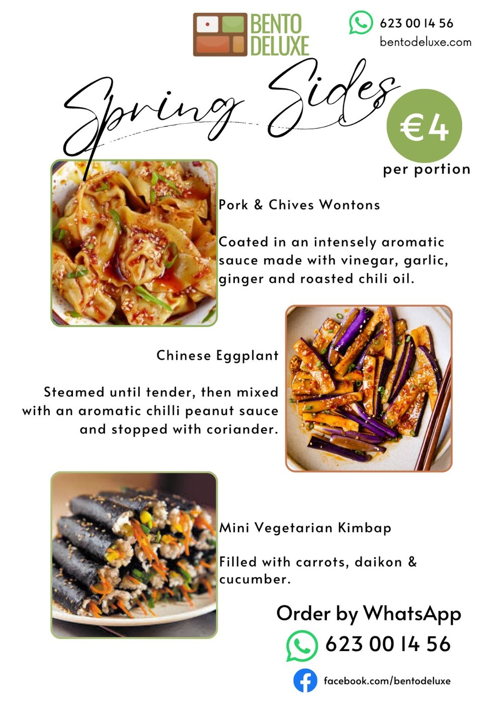 The Bento Deluxe sides card for 12 June 2025, listing Pork and Chives Wontons, Asian Style Eggplant, Mini Veggie Kimbap and Homemade Spicy Kimchi