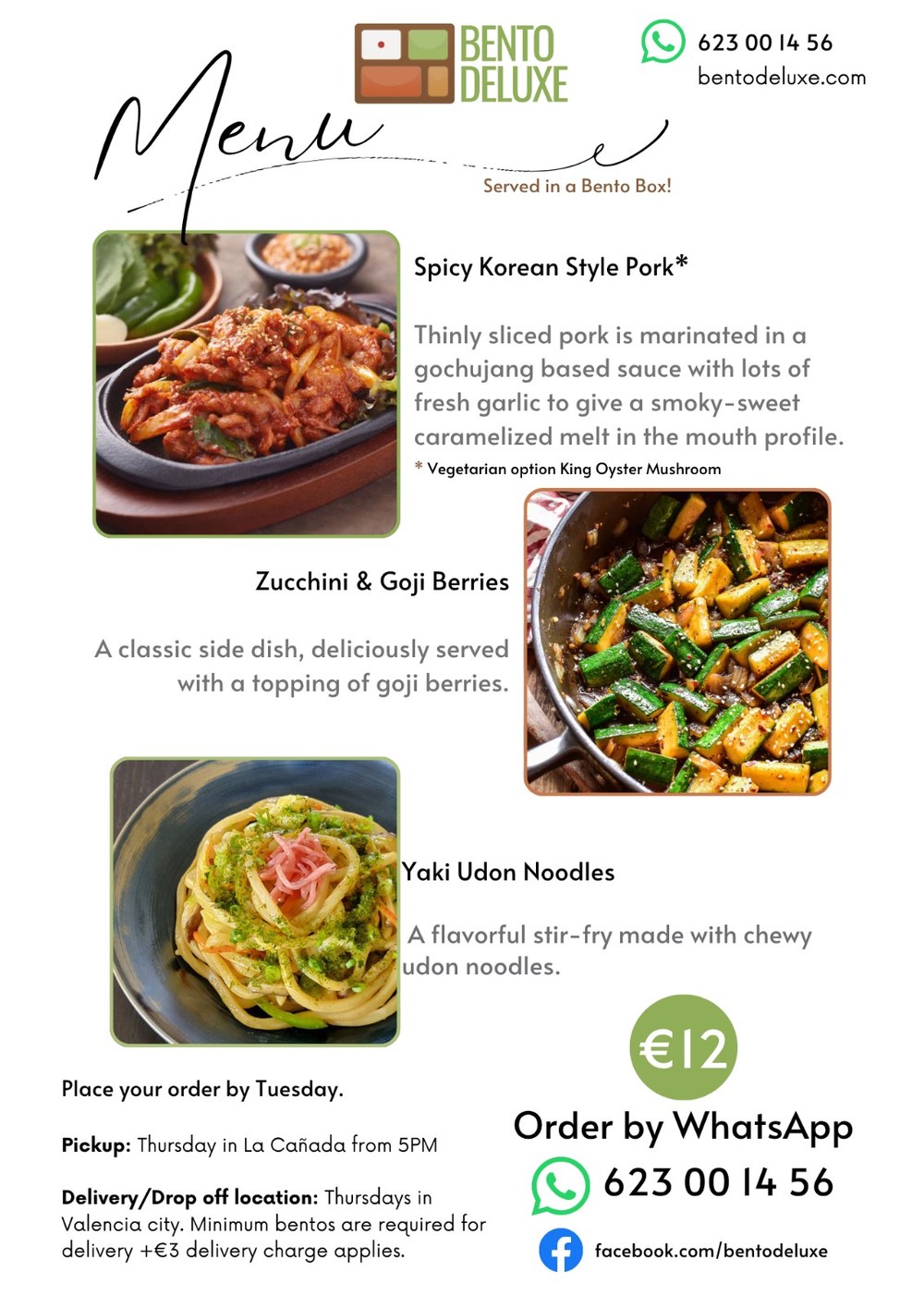 The Bento Deluxe menu card for 12 June 2025, listing Spicy Korean Style Pork, Zucchini and Goji Berry and Yaki Udon Noodles