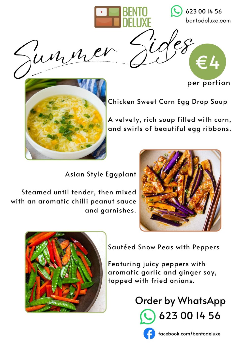 The Bento Deluxe sides card for 19 June 2025, listing Sautéed Snow Peas with Peppers, Asian Style Eggplant & Peanut chilli oil and Chicken Sweet Corn Egg Drop Soup