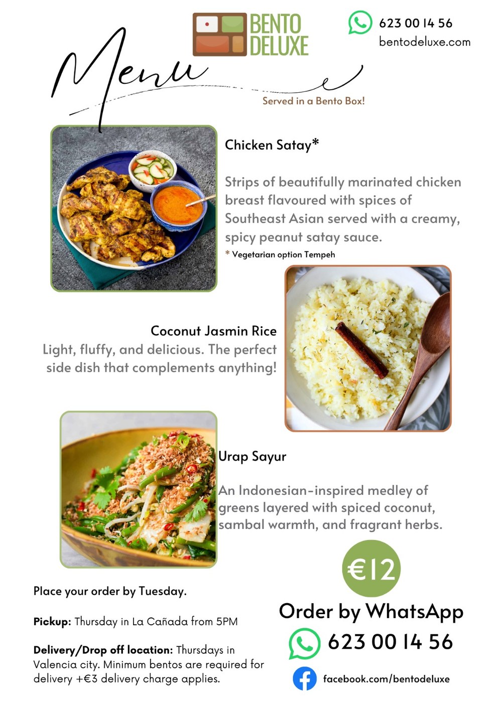 The Bento Deluxe menu card for 19 June 2025, listing Chicken Satay, Coconut Jasmine Rice and Urap Sayur