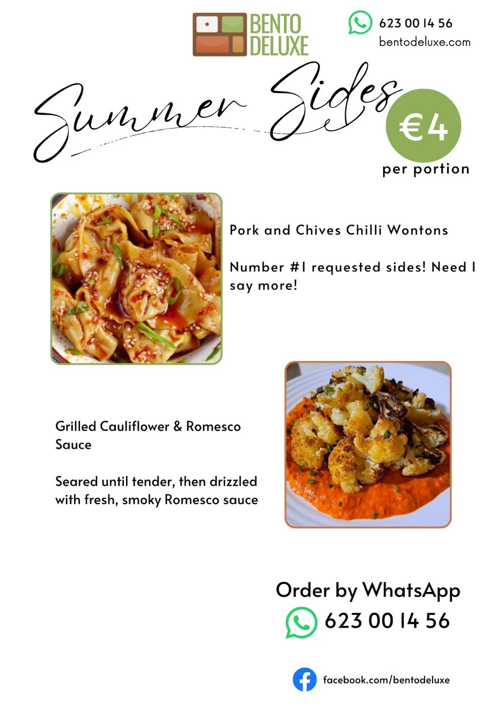 The Bento Deluxe sides card for 26 June 2025, listing Pork and Chives Chilli Wontons and Cauliflower