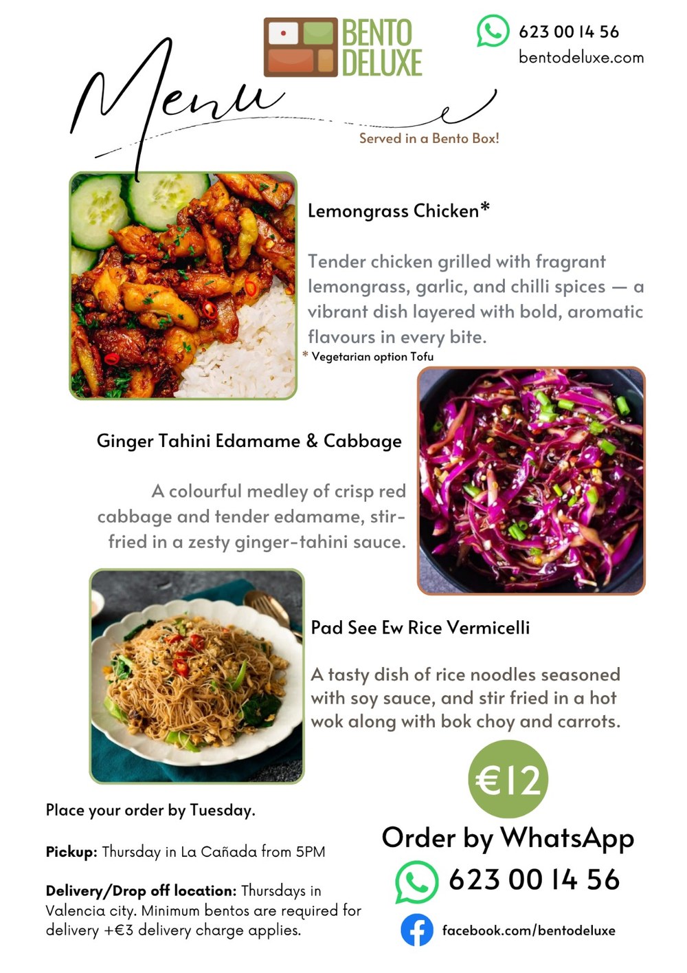 The Bento Deluxe menu card for 26 June 2025, listing Lemongrass Chicken, Ginger Tahini Edamame and Cabbage and Pad See Ew Rice Vermicelli