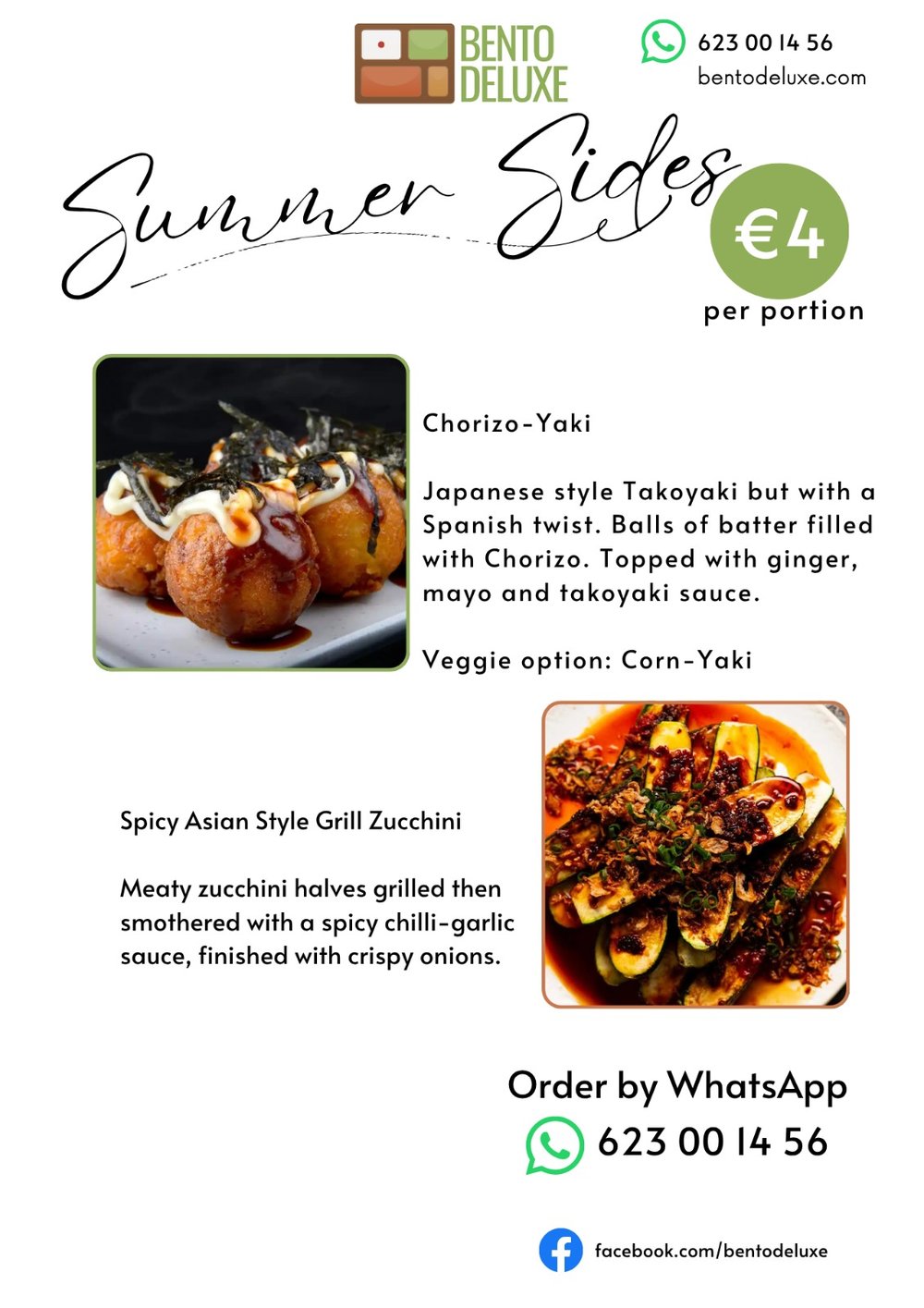 The Bento Deluxe sides card for 3 July 2025, listing 1. Chorizo-Yaki and 2. Spicy Asian Style Grill Zucchini