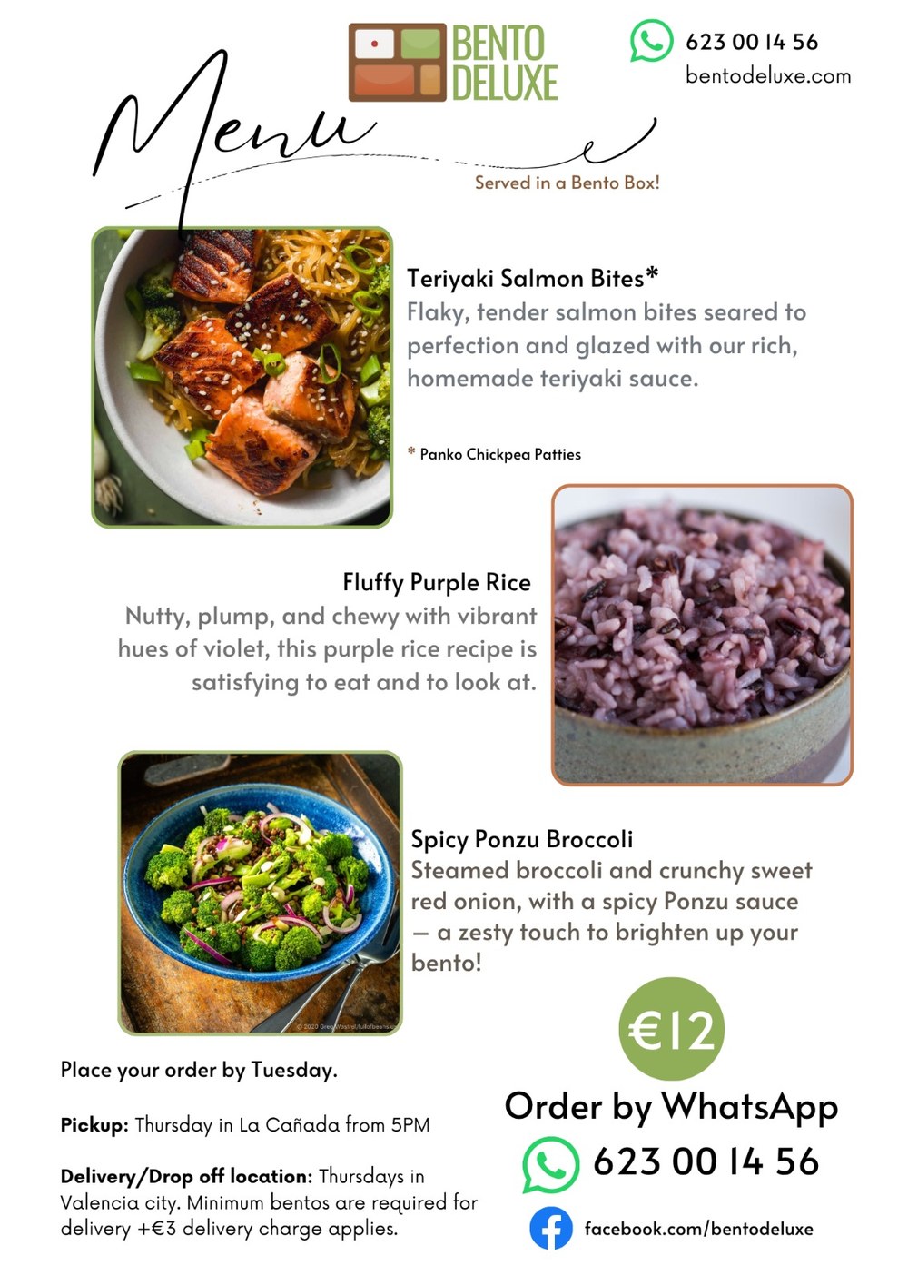 The Bento Deluxe menu card for 3 July 2025, listing Teriyaki Salmon Bites, Fluffy Purple Rice and Spicy Ponzu Broccoli