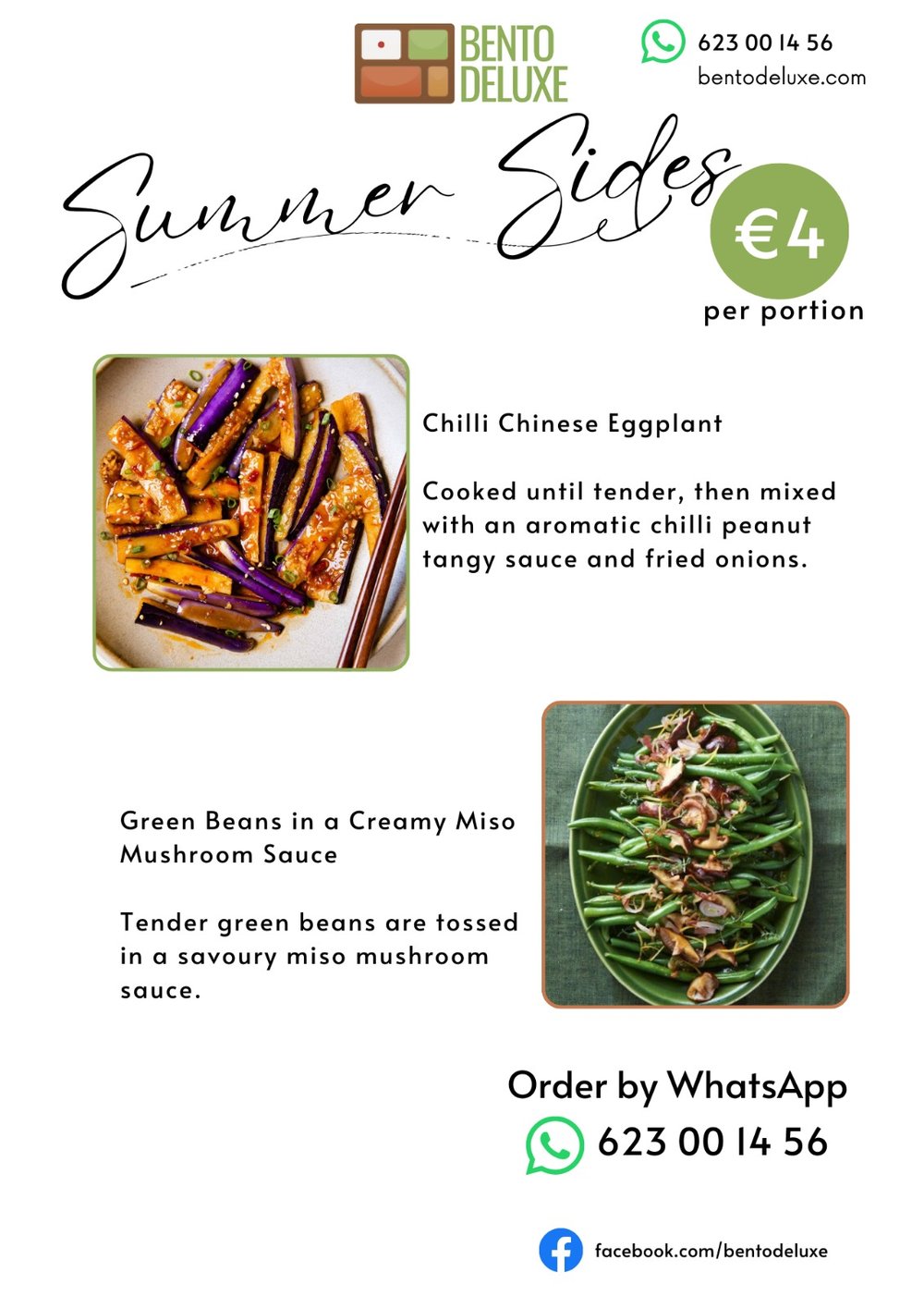 The Bento Deluxe sides card for 17 July 2025, listing 1. Chilli Chinese Eggplant and 2. Green Beans in a Creamy Miso Mushroom Sauce