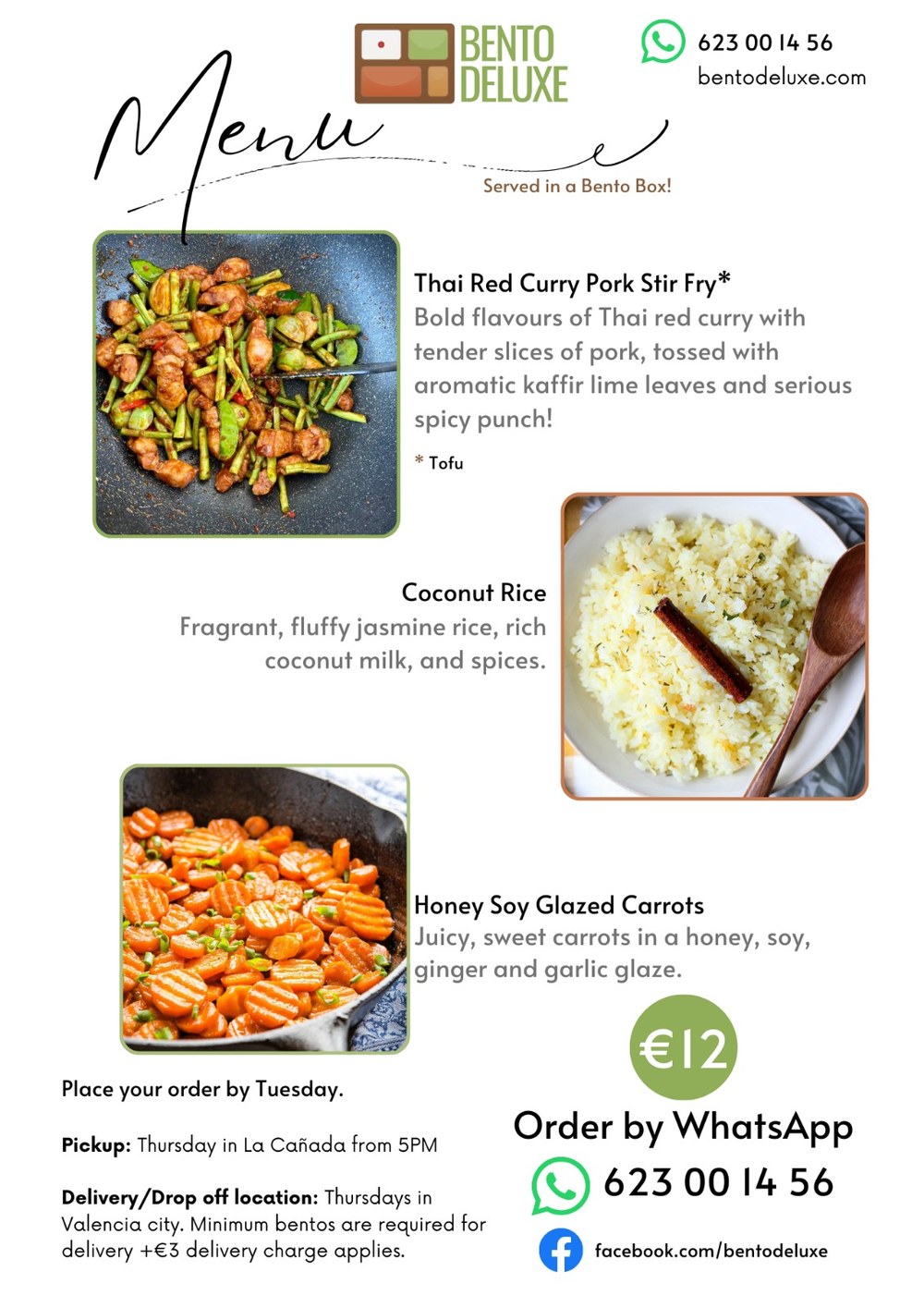 The Bento Deluxe menu card for 17 July 2025, listing Thai Red Curry Pork Stir Fry, Coconut Rice and Honey Soy Glazed Carrots