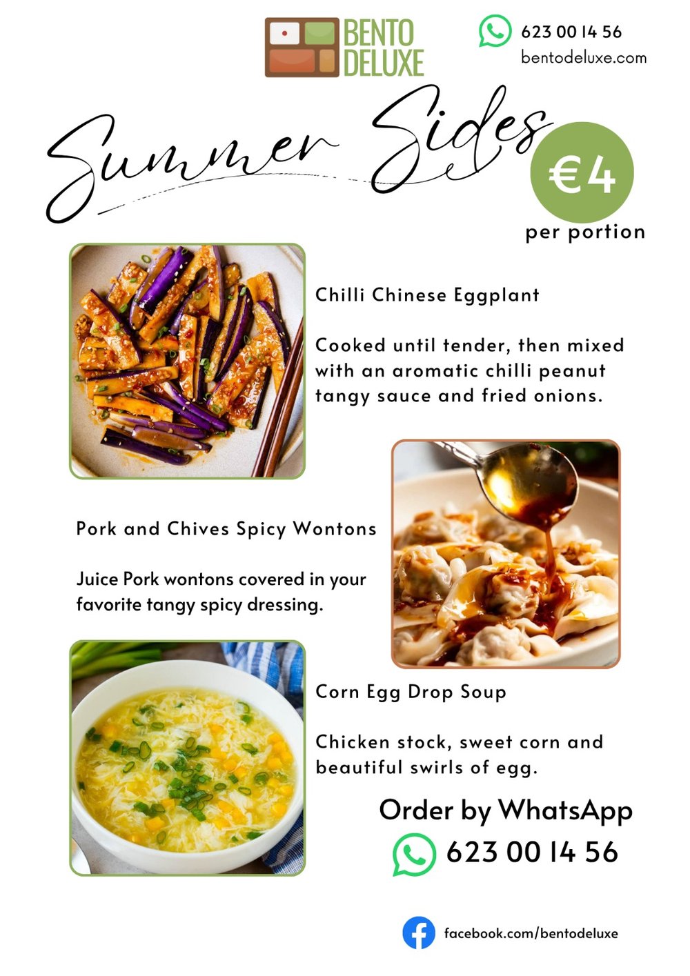 The Bento Deluxe sides card for 24 July 2025, listing Chilli Chinese Eggplant, Spicy Pork Wontons and Egg drop soup