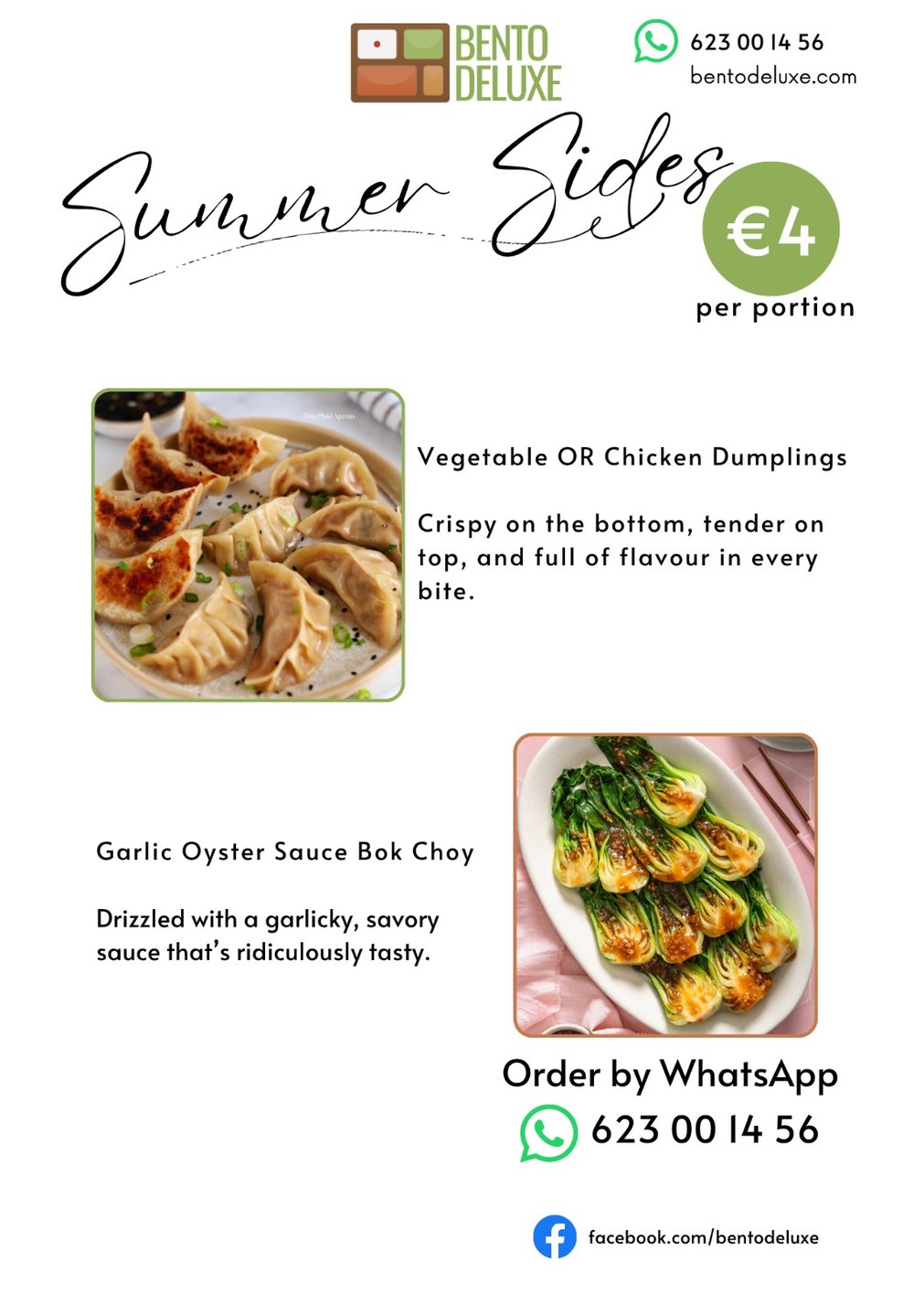 The Bento Deluxe sides card for 31 July 2025, listing Vegetable or Chicken Dumplings and Garlic Oyster Sauce Bok Choy