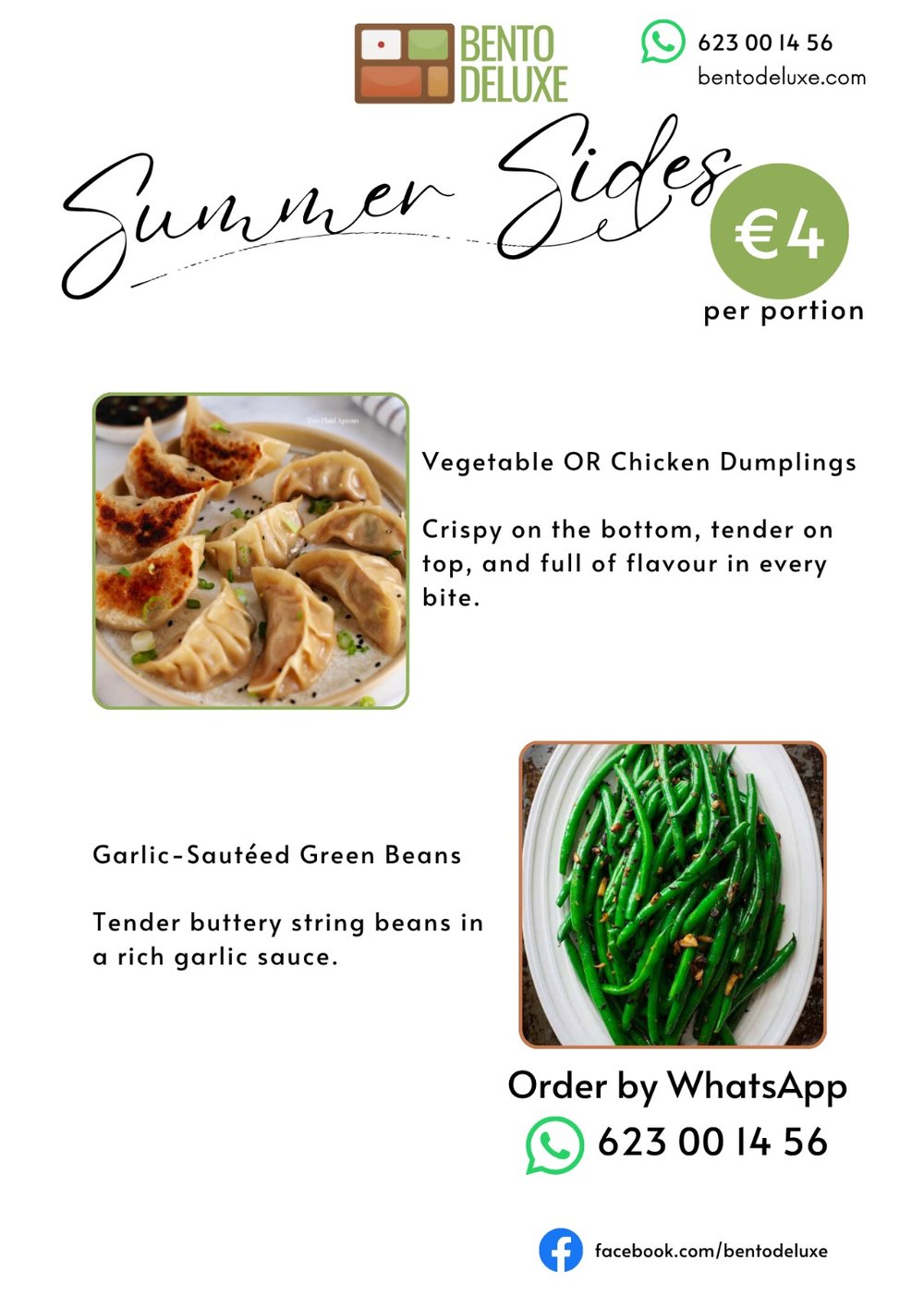 The Bento Deluxe sides card for 7 August 2025, listing Vegetable OR Chicken Dumplings and Garlic sautéed Green Beans