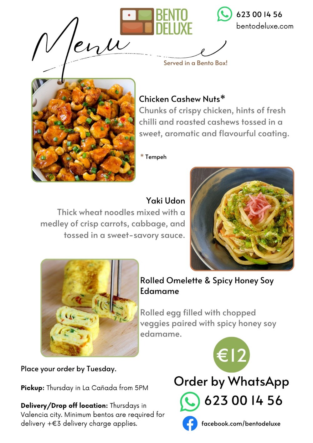 The Bento Deluxe menu card for 7 August 2025, listing Chicken Cashew Nuts, Yaki Udon and Rolled Omelette & Spicy Honey Soy Edamame