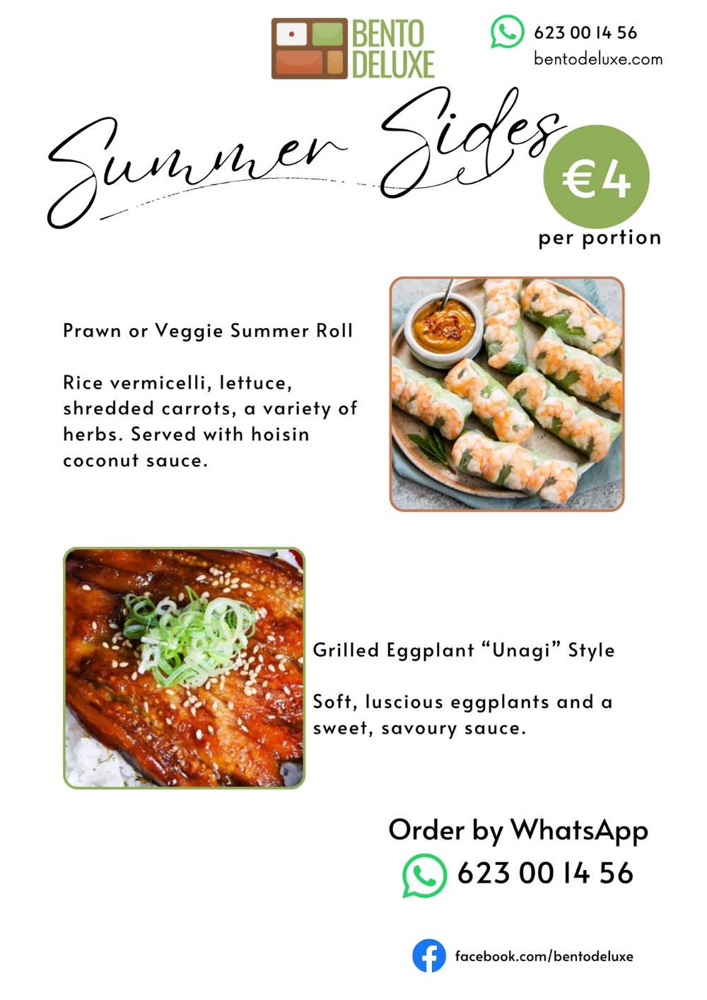 The Bento Deluxe sides card for 14 August 2025, listing Summer Rolls and Grilled Eggplant