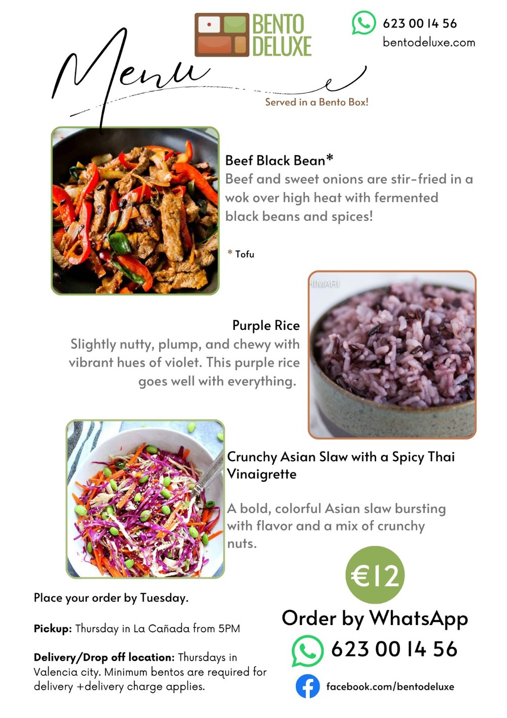 The Bento Deluxe menu card for 14 August 2025, listing Beef Black Bean, Purple Rice and Crunchy Asian Slaw