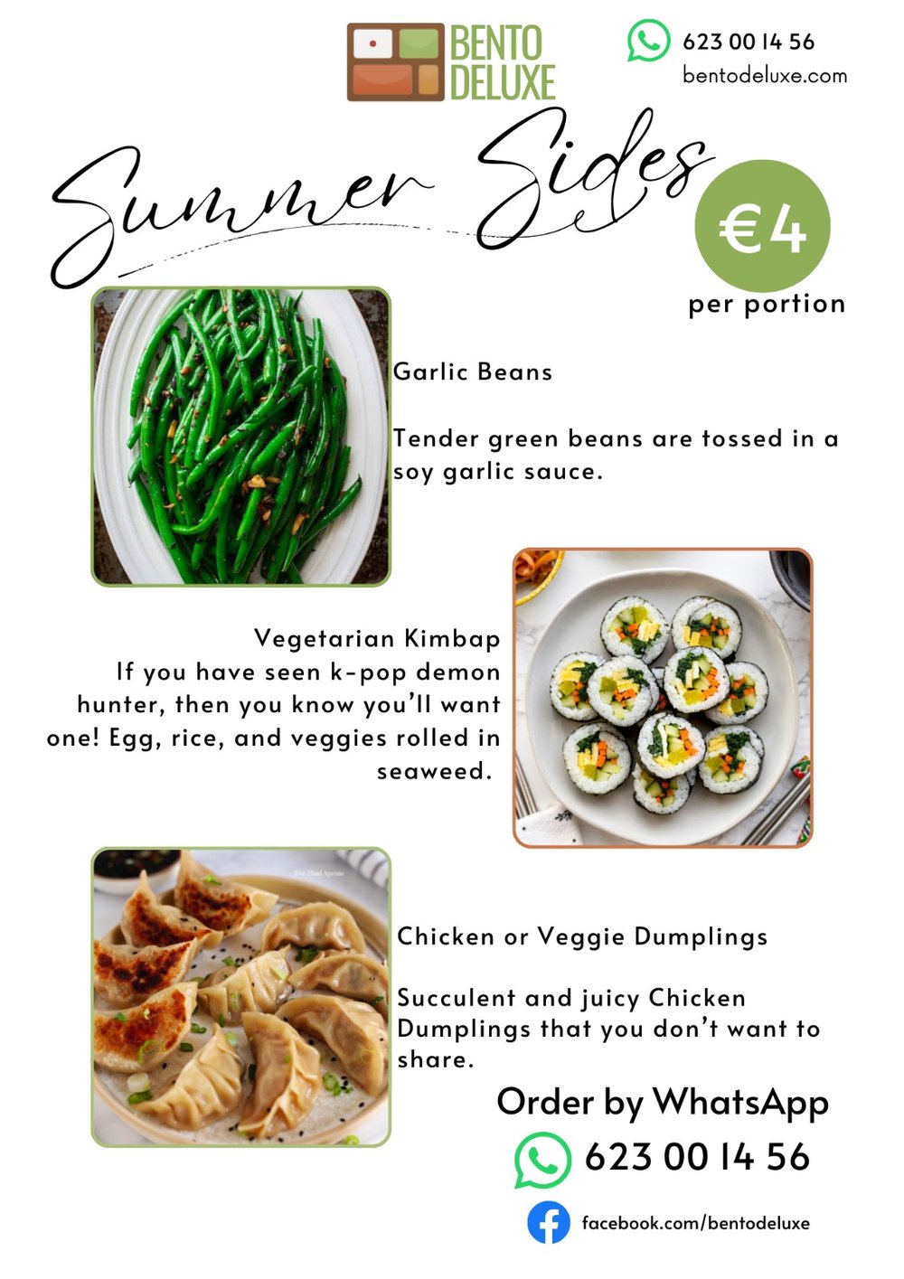 The Bento Deluxe sides card for 21 August 2025, listing Garlic Green Beans, Vegetarian Kimbap and Chicken or Veggie Dumplings