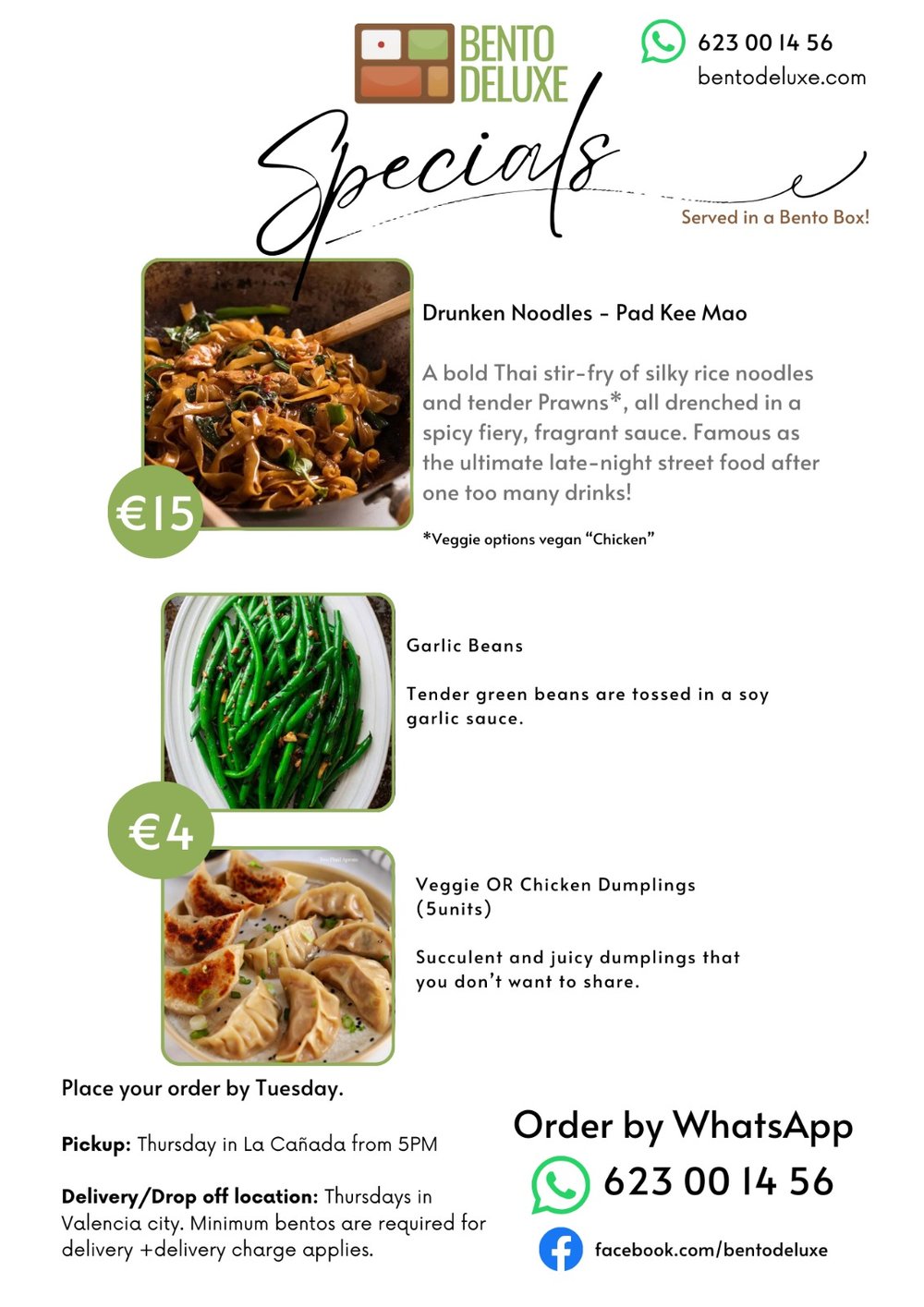 The Bento Deluxe sides card for 4 September 2025, listing Prawn Drunken Noodles, Garlic Green Beans and Chicken or Veggie Dumplings