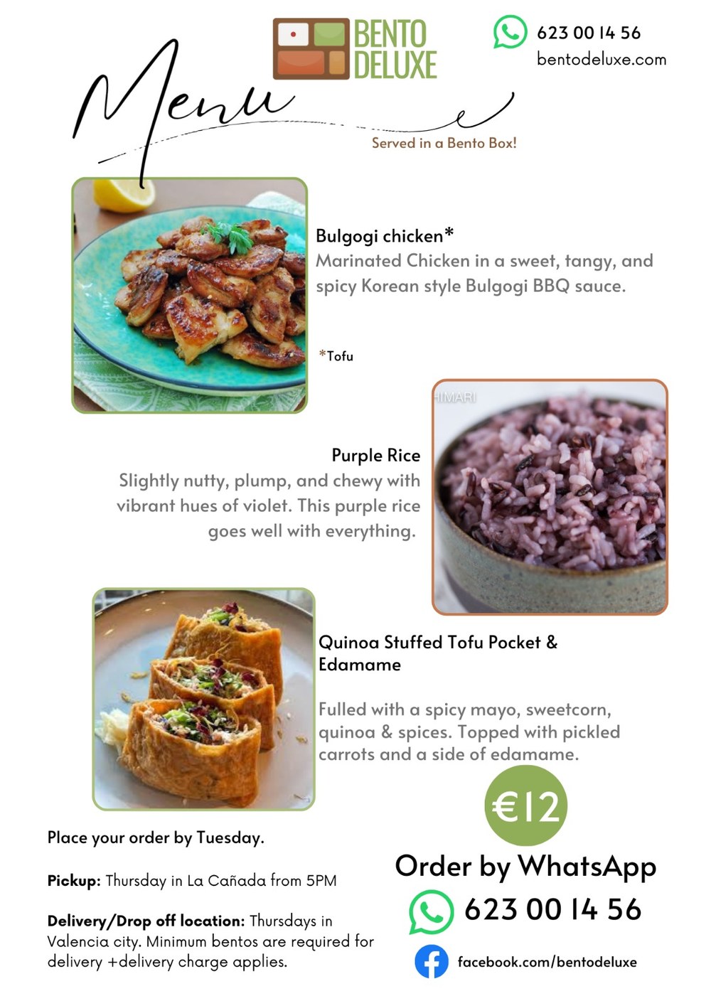 The Bento Deluxe menu card for 4 September 2025, listing Bulgogi Chicken, Purple Rice and Quinoa-Stuffed Tofu Pocket & Edamame