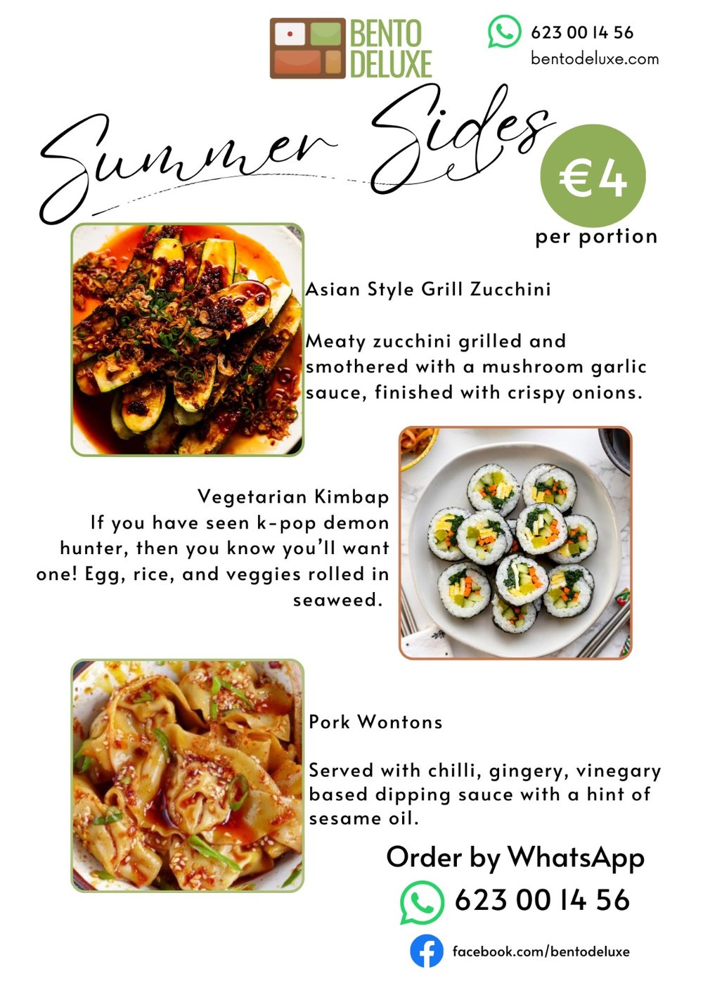 The Bento Deluxe sides card for 11 September 2025, listing Chilli Pork Wontons