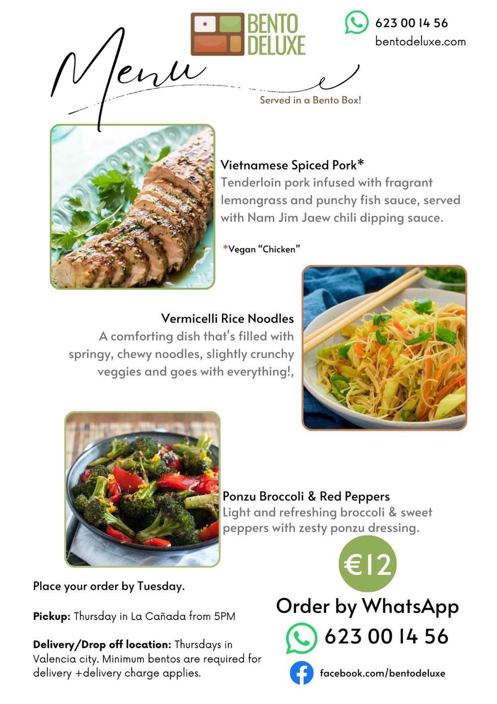 The Bento Deluxe menu card for 11 September 2025, listing Vietnamese Spiced Pork, Vermicelli Rice Noodles and Ponzu Broccoli & Red Peppers