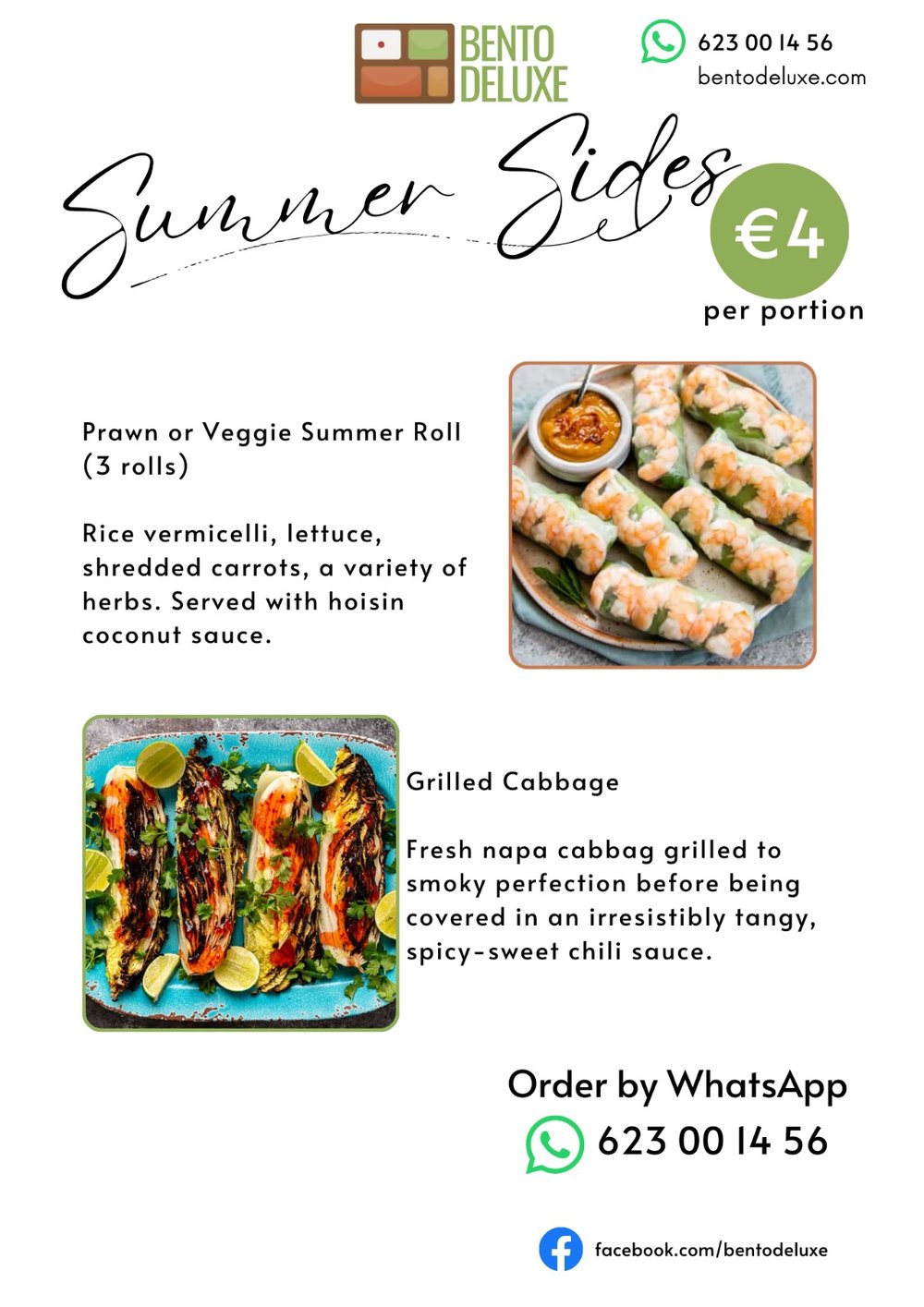 The Bento Deluxe sides card for 18 September 2025, listing Prawn or Veggie Summer Roll (3 rolls) and Grilled Cabbage & sweet chilli sauce